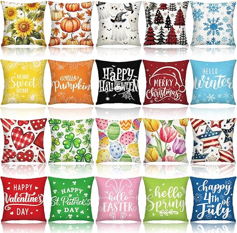 Mindsoft 20 Pcs Holiday Pillow Covers 18 x 18 Seasonal Decorative Cushion Cases