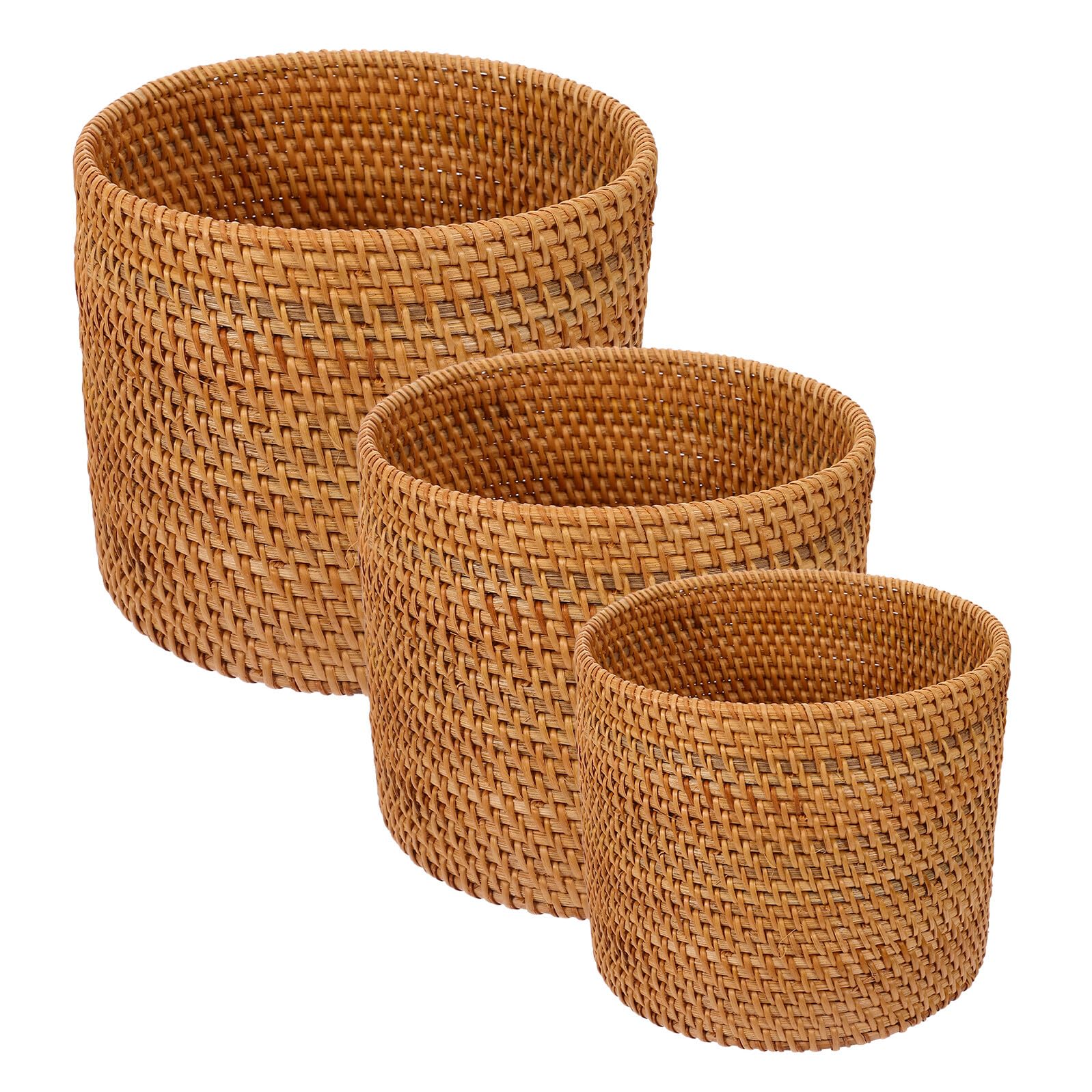 Set 3 Cestini Intrecciati in Rattan Rotondi Contenitori per Rifiuti Piccoli e Cestini Portaoggetti per Bagno Scrivania e Camera da Letto Porta Fiori Decorativo Leggero e