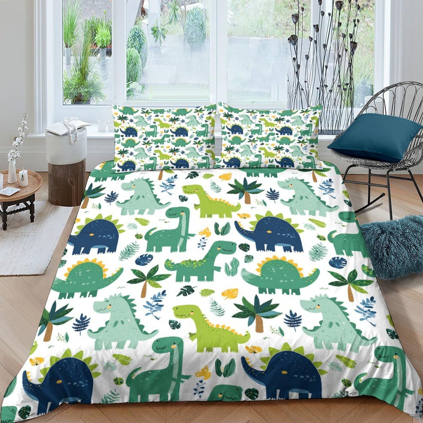 Ctjqhvkz Style-2 3D Printed Green Dinosaur Fitted Sheet Microfiber Soft Blue Prehistoric Bed Cover For Bedroom Guest Dorm Mattress Protection Single（135X200cm）