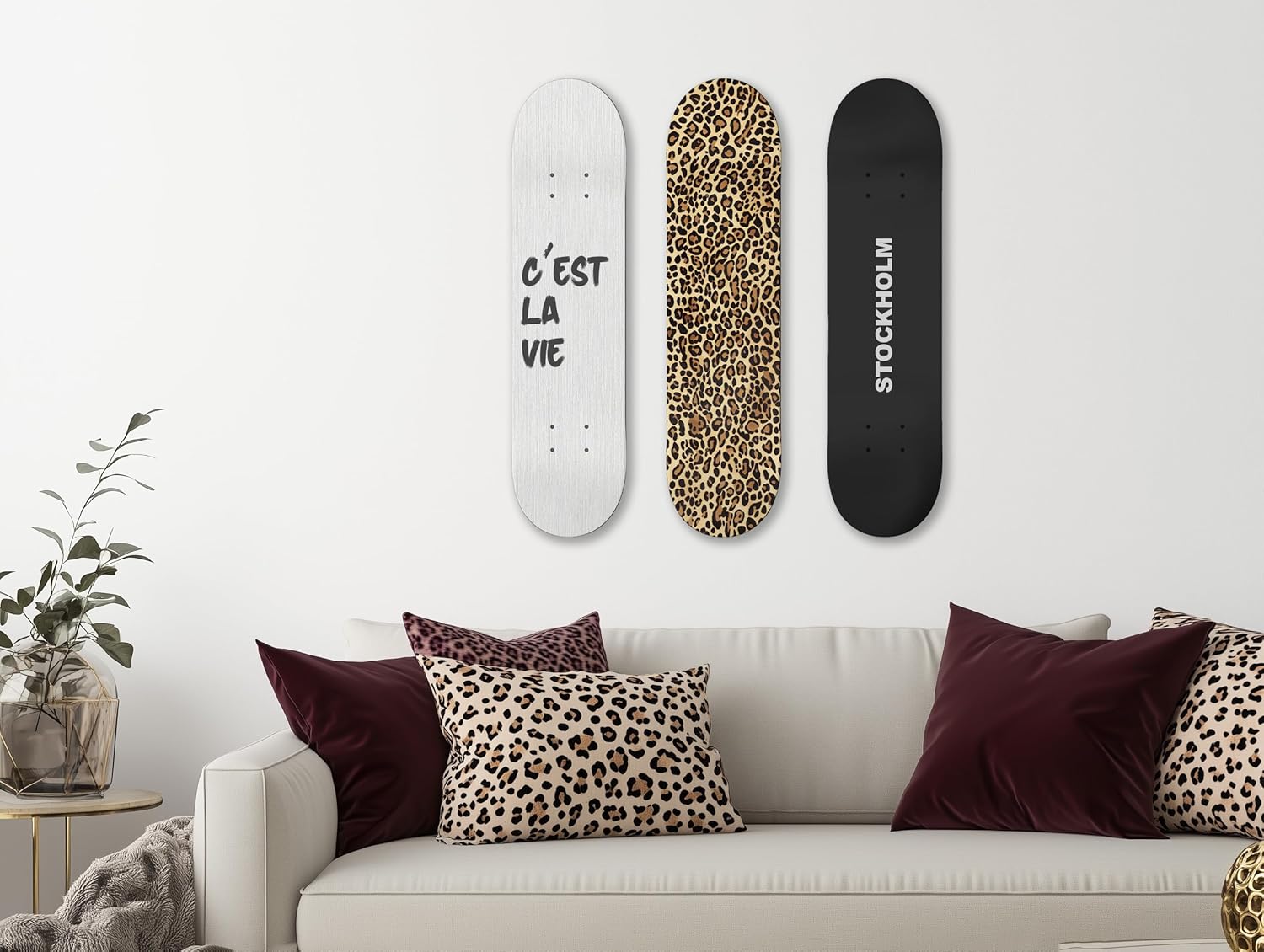 TwoDays Stockholm Style Skateboard Wall Decor - Modern Wall Mount Art Set for Men's Apartment & Dorm, Cool Cheetah Print Skate Deck, Trendy Skater Room Design (Set of 3)