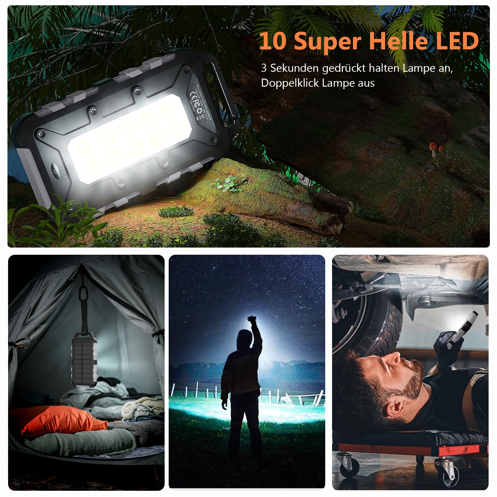 Solar Powerbank 10000mAh, 22.5W Tragbare Solar Ladegerät USB C Externer Akku Outdoor Wasserdichtes mit LED-Licht und 3 Ausgängen für Smartphones Tablets Camping,Grau