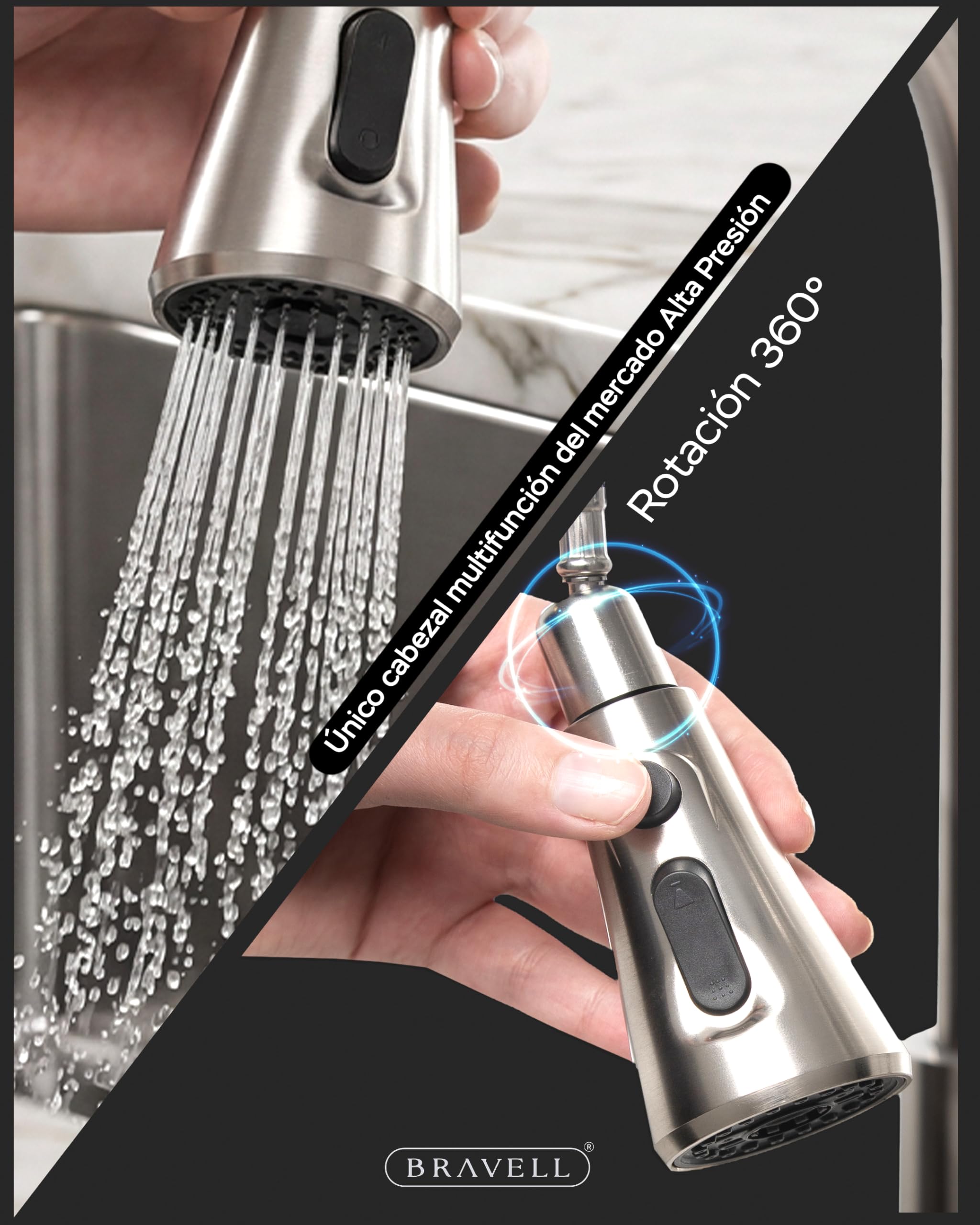 BRAVELL Grifo Cocina Extraible, Grifo Cocina Fregadero con 4 Modos Giratorio 360° Torneira Cozinha Monomando, Acero Inoxidable Mate, Latiguillos 3/8, Instalación Fácil y Completa (Acero mate 304 INOX)