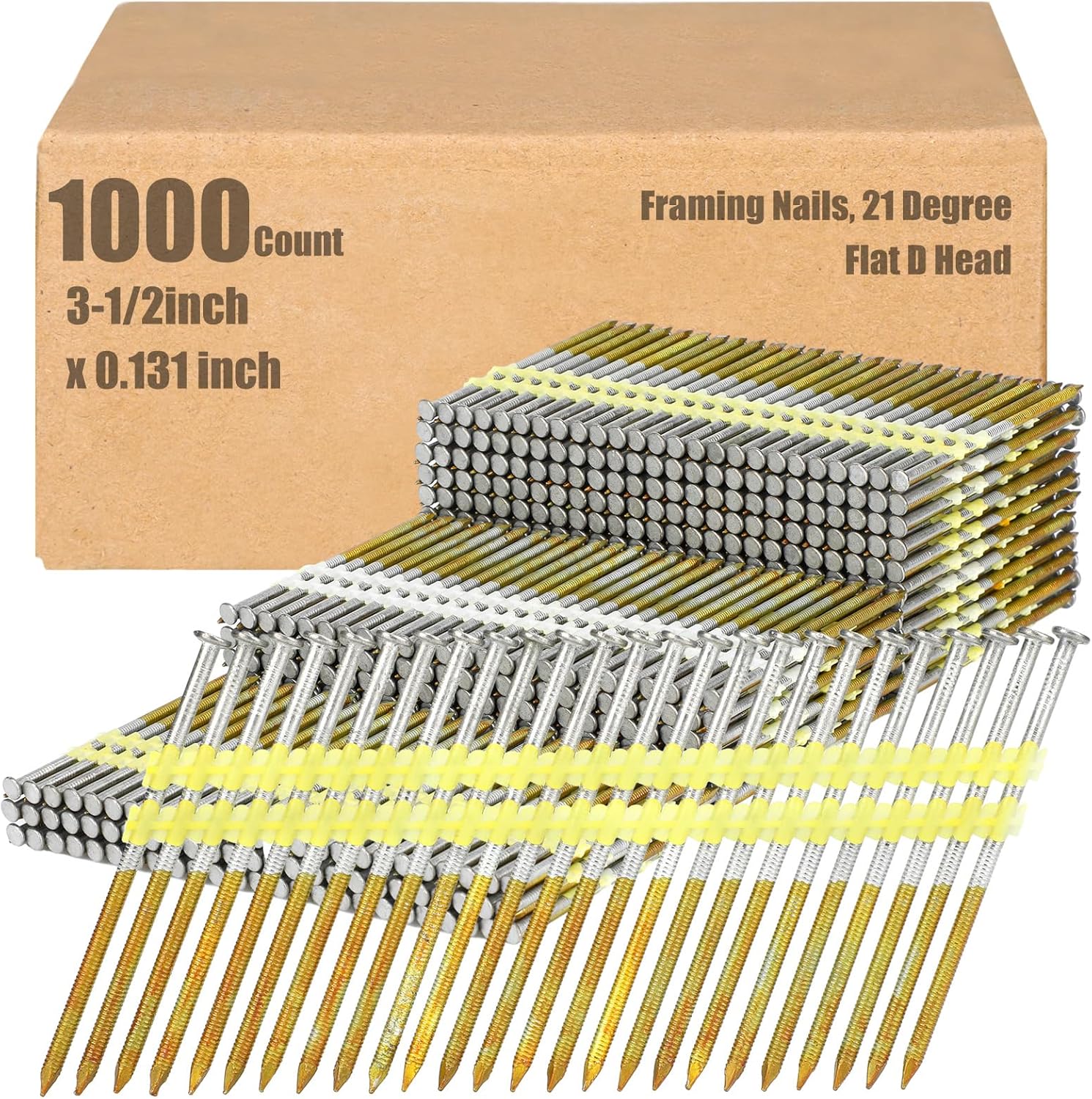 Therwen Framing Nails, 21 Degree, Flat D Head, Galvanized, Ring Shank, Plastic Row Fixed, 21
