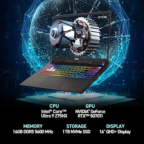 msi Vector 16 HX AI 16 240Hz QHD+ Gaming Laptop: Intel Core Ultra 9-275HX, NVIDIA Geforce RTX 5070Ti, 16GB DDR5, 1TB NVMe SSD, Thunderbolt 5, Wi-Fi 7, Win 11 Home: Cosmo Gray A2XWHG-211US