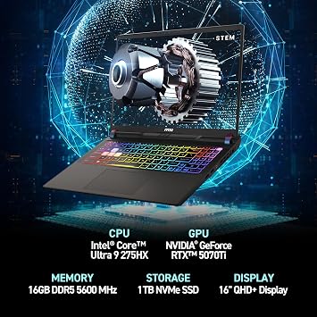 msi Vector 16 HX AI 16 240Hz QHD+ Gaming Laptop: Intel Core Ultra 9-275HX, NVIDIA Geforce RTX 5070Ti, 16GB DDR5, 1TB NVMe SSD, Thunderbolt 5, Wi-Fi 7, Win 11 Home: Cosmo Gray A2XWHG-211US