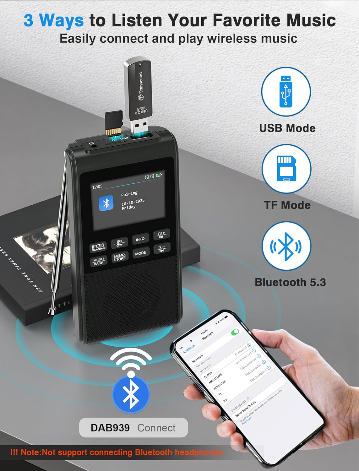 Gracioso Portable DAB Radio in Bluetooth pairing mode with a smartphone