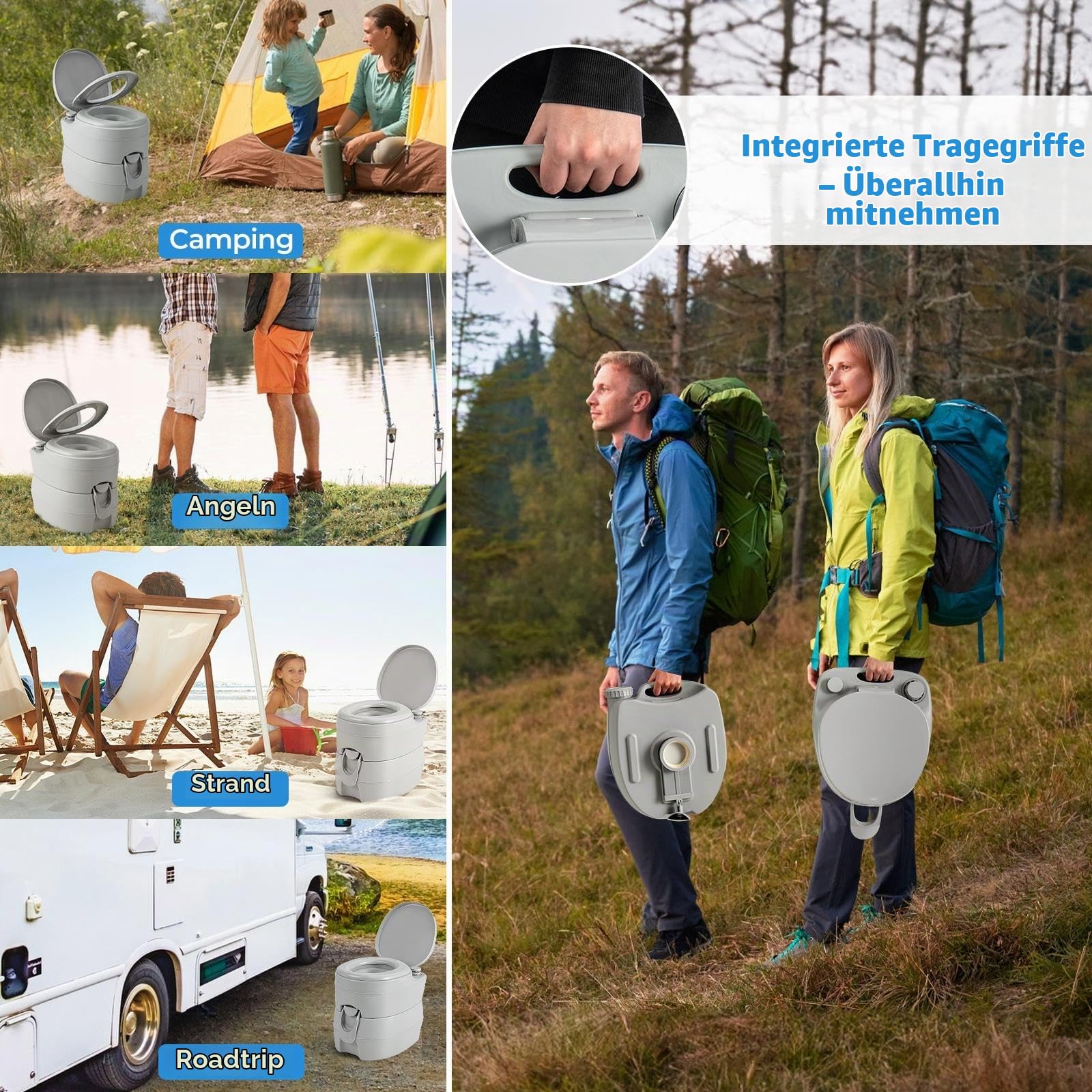 SOARS Tragbare Campingtoilette, Camping WC mit Spülpumpe, 20L Abwassertank, Campingklo mit Tragegriff, Reisetoilette 150 kg belastbar, Sitzhöhe 40cm