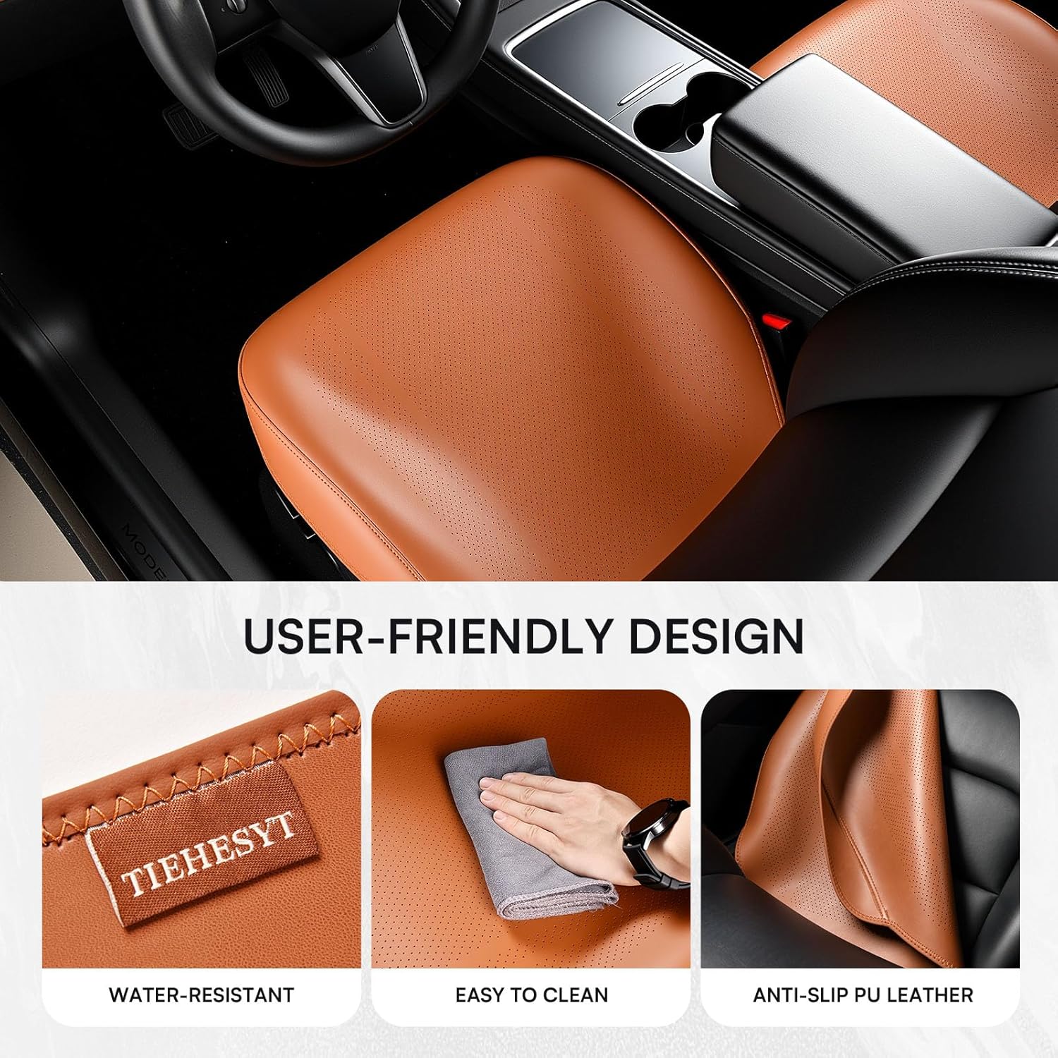 TIEHESYT 2 PCS Super Breathable Luxury Faux Nappa Leather Car Seat Covers Front Seats with Full Wrap Protection, Anti-Slip Bottom Car Seat Protector Pad Cover for SUV Sedan Truck, Orange