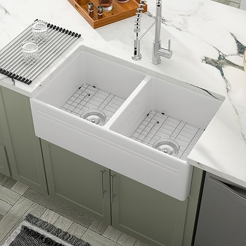 Dcolora Fregadero de cocina de granja blanco de 33 pulgadas Delantal de fregadero de cocina de granja de cerámica blanca de arcilla refractaria de