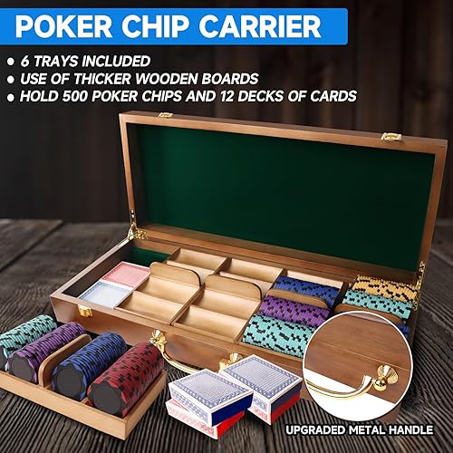 Miniatura 16 de GSE Games & Sports Expert Estuche de madera para fichas de póquer con 5 bandejas de fichas, capacidad para 500 fichas, soporte de fichas de grado