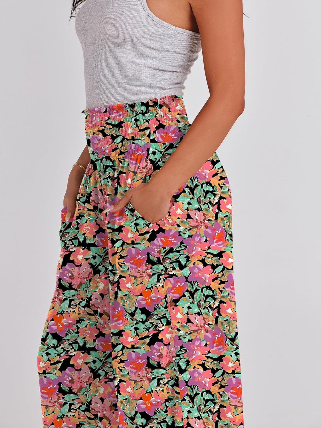 ANRABESS Women Palazzo Pants Summer Boho Bagyy Wide Leg High Smocked Waist Casual Loose Lounge Pant with Pocket - Image 7