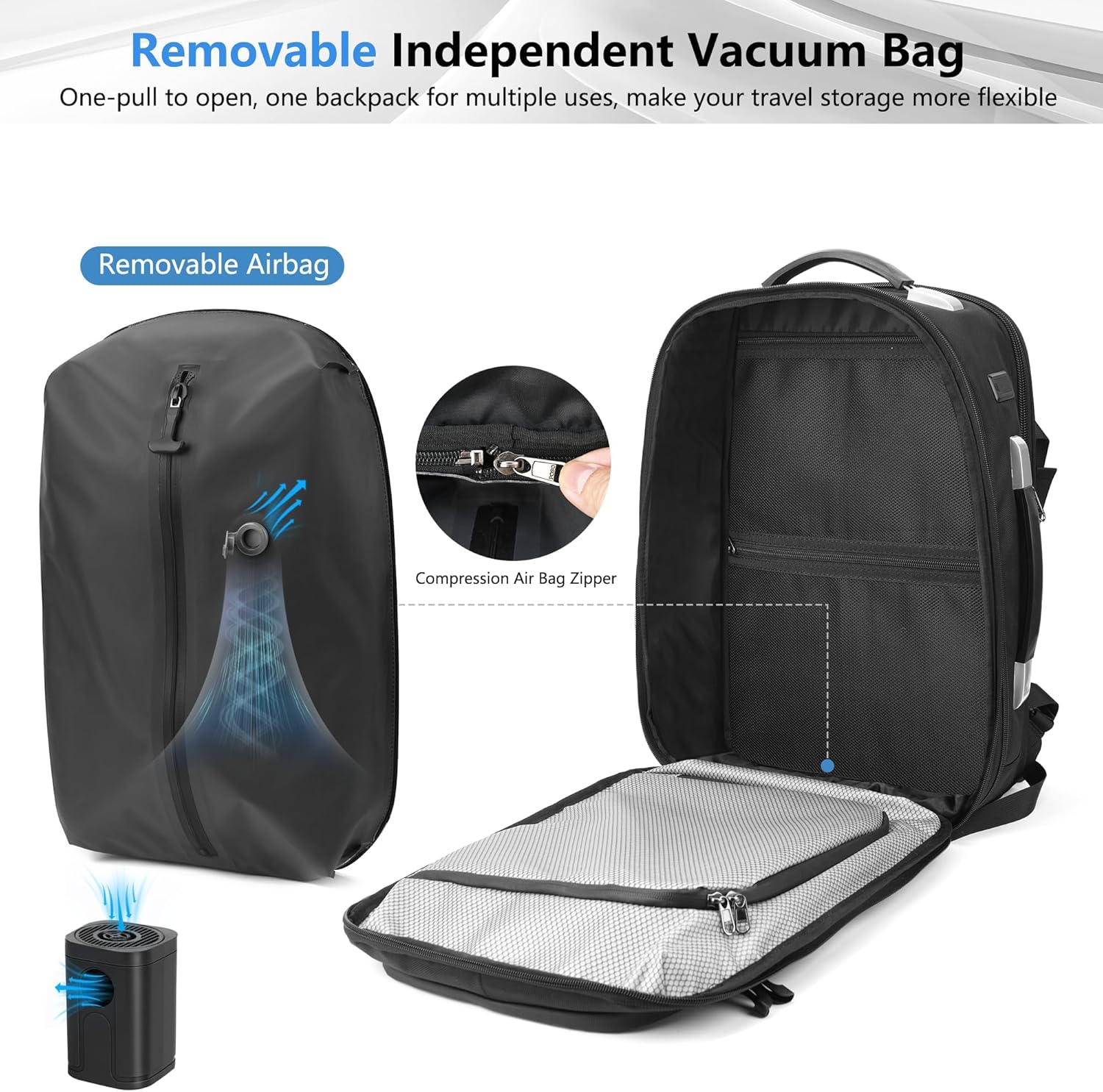 Vacuum Backpack Travel, 60L Expandable Vacuum Seal Compression Backpack with Pump, TSA Lock & Anti-theft Pocket,17" Laptop Compartment,Carry on Backpack for Men & Women,Business,Flight Travel (Black) - Image 9