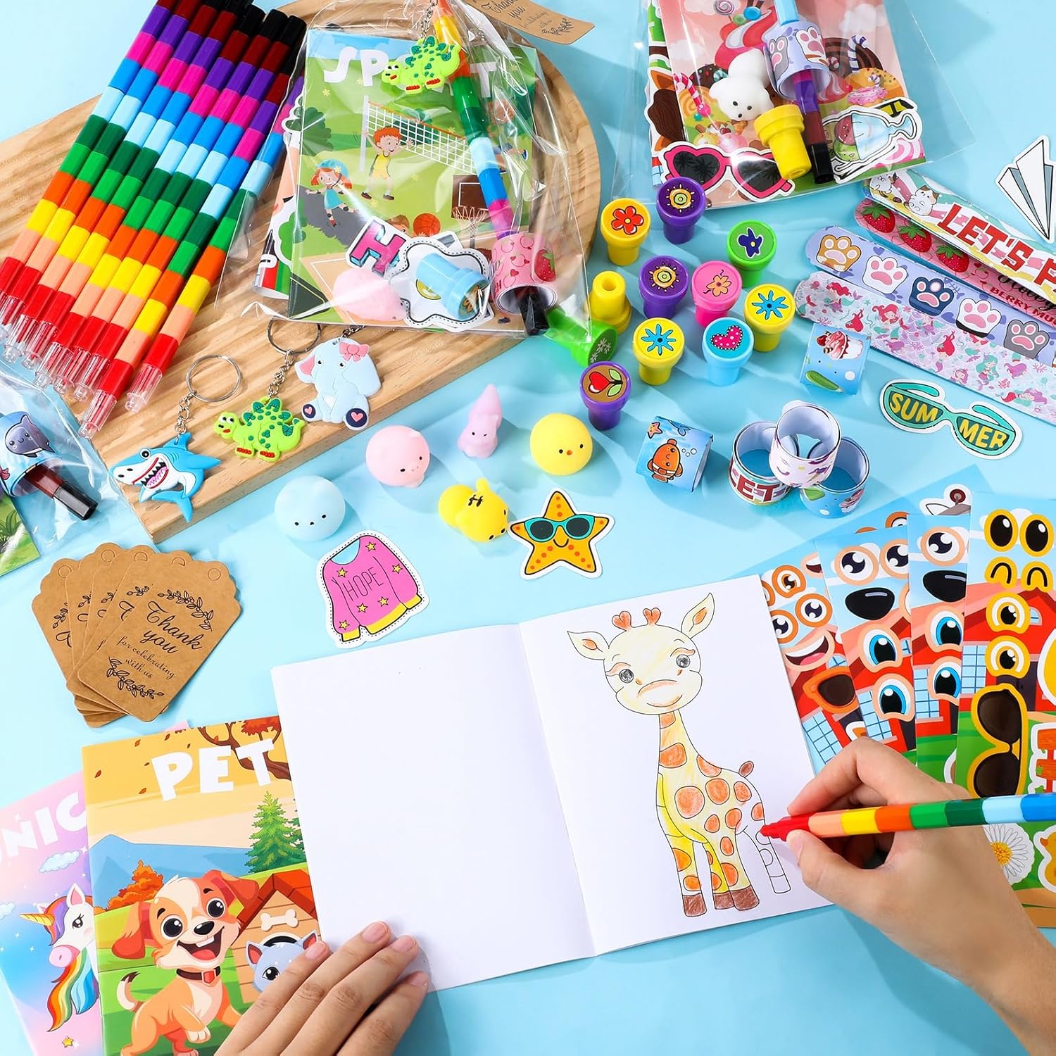 HyDren 180 Pcs Coloring Books Party Favors Sets For 16 Kids with Stacking Crayons Set Coloring Books Mochi Squishy Keychain Clap Bracelet Sticker Stamp Card OPP Bag (Mixed Style)