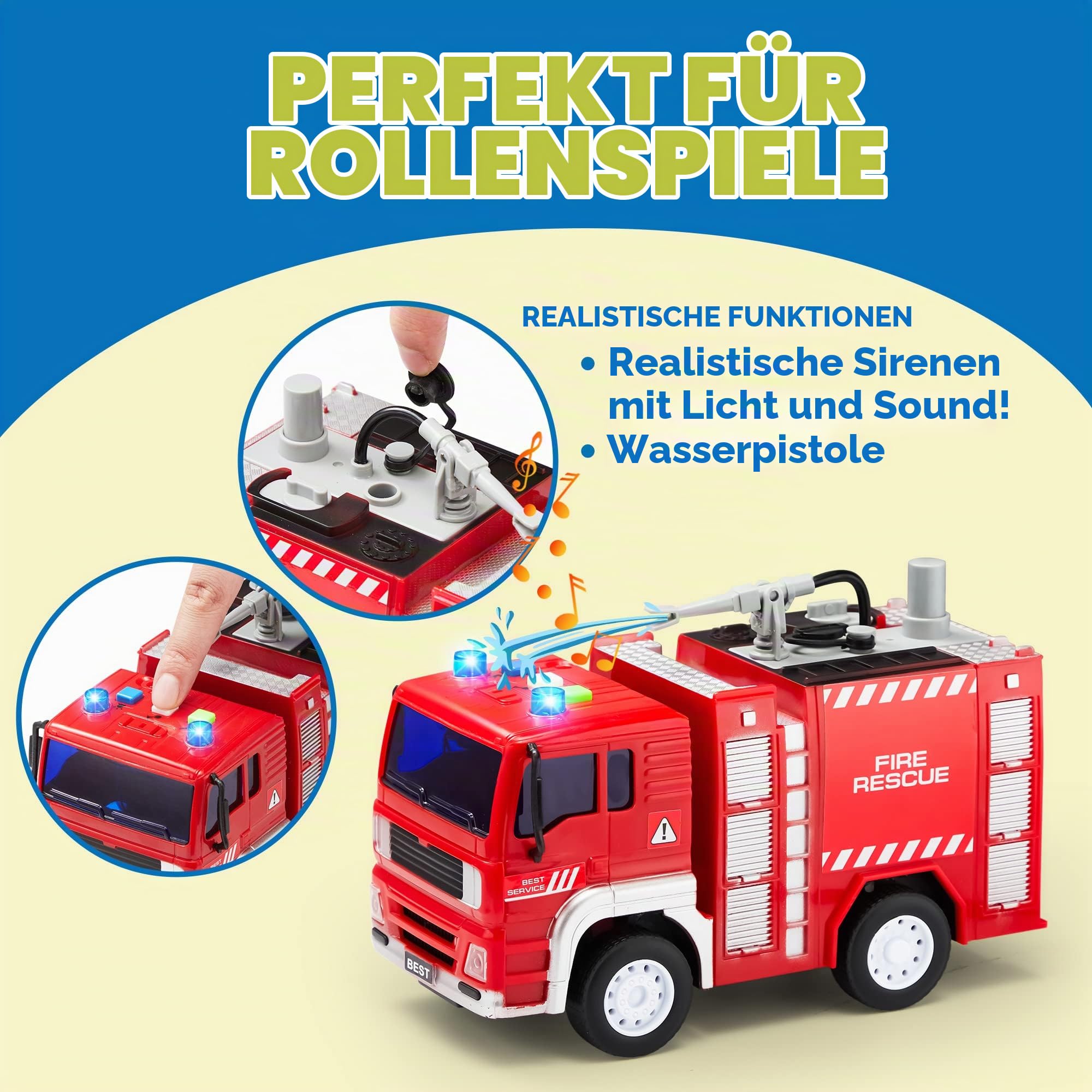 JOYIN 3 in 1 Reibungsgetriebenes Feuerwehr Spielzeug, Rettung Fahrzeug LKW Auto Set mit Hubschrauber, Krankenwagen und Feuerwehrauto mit Licht und Ton, Geschenk für Kinder Jungen