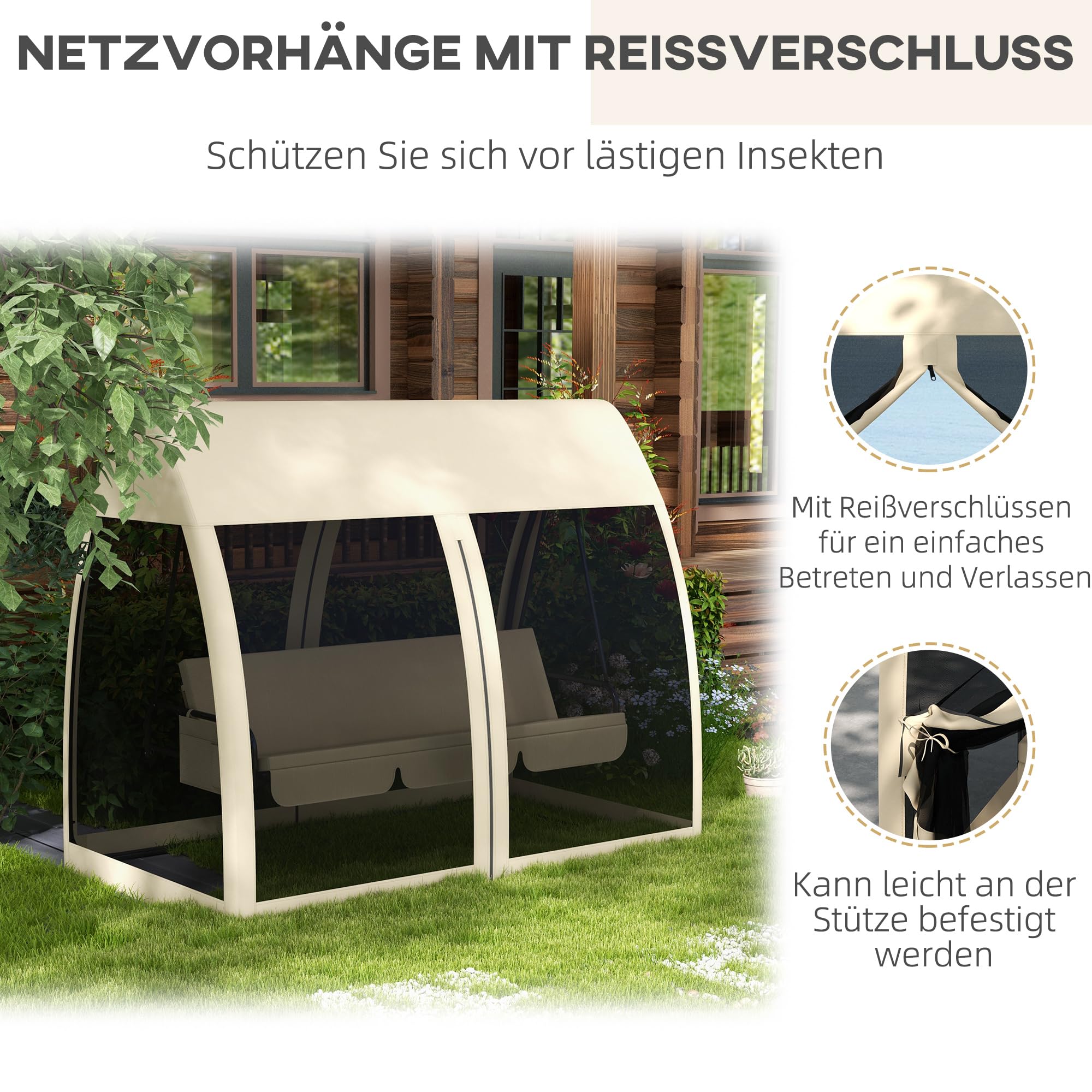 Outsunny 2 in 1 Hollywoodschaukel mit Liegefunktion 3-Sitzer Gartenschaukel mit Baldachin, Mückennetz, Schaukelbank belast bis 300kg, Gartenliege für Garten, Terrasse, 240 x 140 x 197 cm, Kaffee