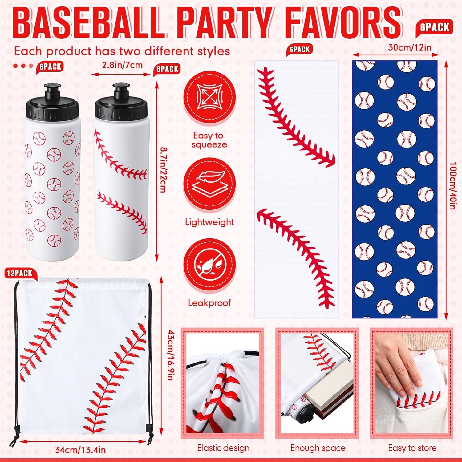 FuWeave 36 Pcs Baseball Water Bottle Drawstring Bag Cooling Towel Set Include 12 Squeeze Water Bottle 12 Drawstring Backpack 12 Cooling Towels for Team Gifts Sport Events Party Favors