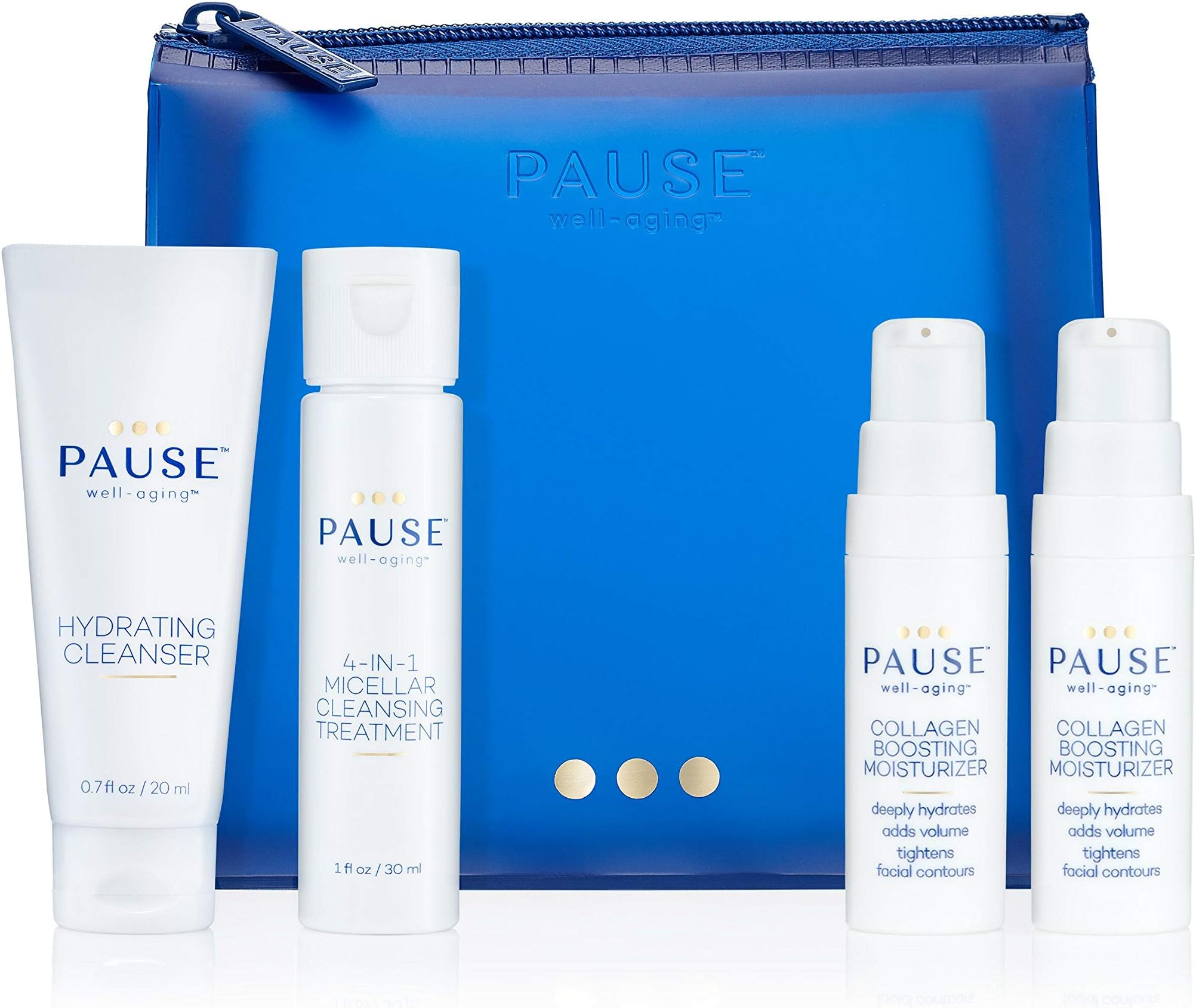 Pause Well-Aging Discovery Kit 0.7oz Hydrating Cleanser, 1oz 4-in-1 Micellar Cleansing Treatment, 2 x 0.17oz Collagen Boosting Mois Unisex 4 Pc