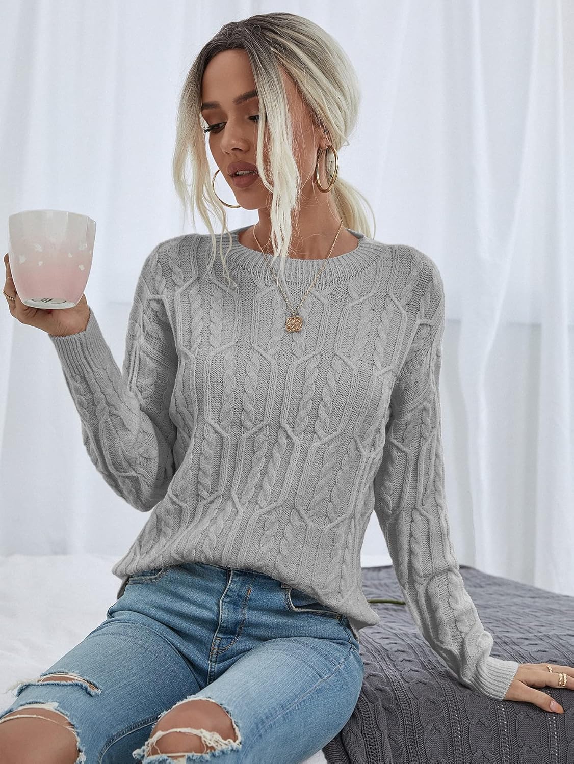 Women's Sweater Cable Knit Drop Shoulder Sweater Sweater for Women (Color : Gray, Size : Medium)