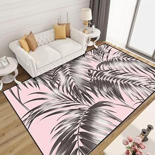 Washable Area Rug Tropical Seamless Floral Palm Leaves Monochrome Leaf Jungle 6x9 Low Pile Large Rug Non-Slip Non-Shedding Rug Indoor Carpet for Living Room Bedroom Kids Room Home Decor
