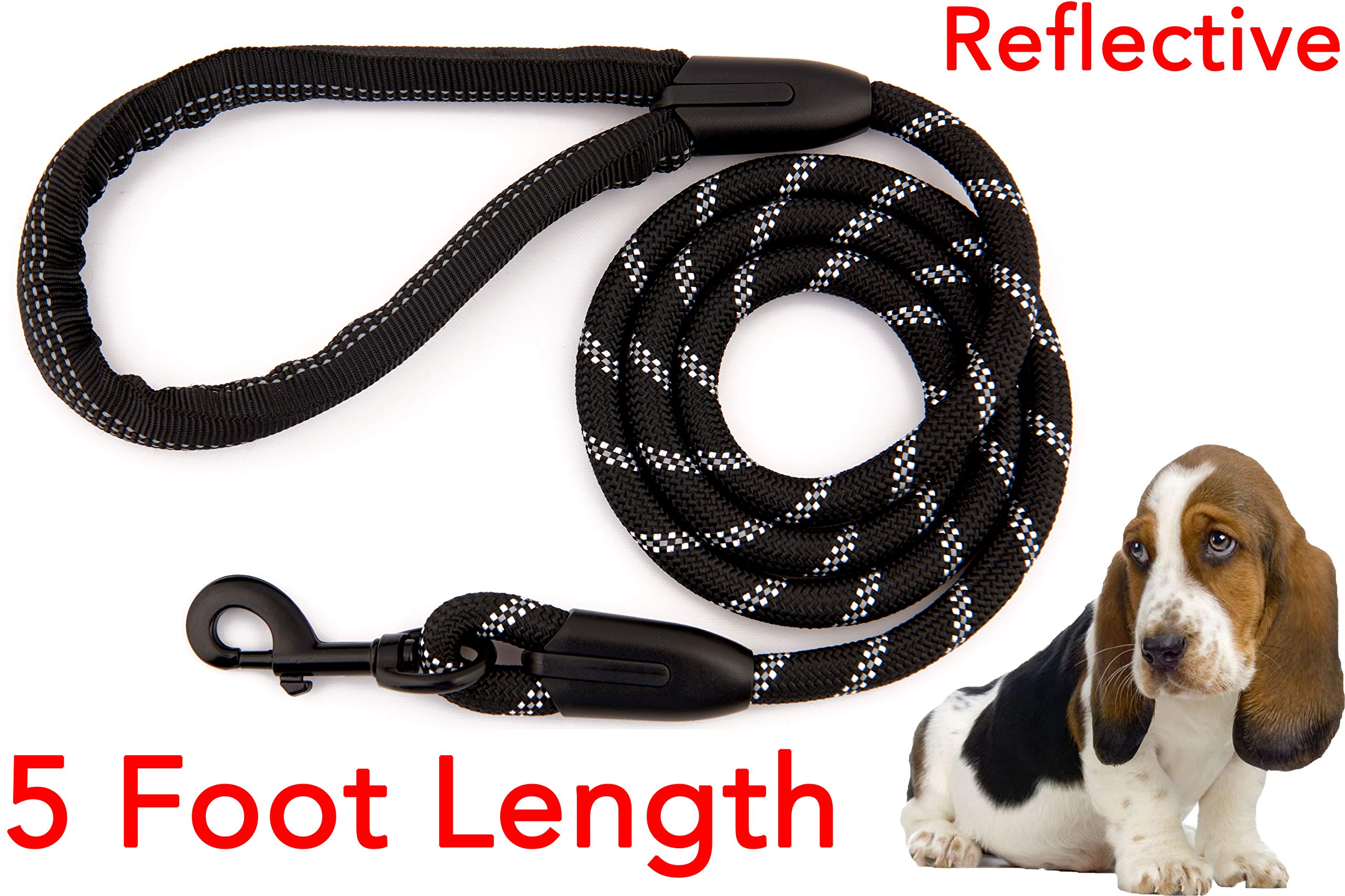 Strong Dog Leash, Reflective Rope, Chew Resistant Paracord for Medium and Large Dogs, Durable Metal Clasp, Attaches to Pet Collar (1 Pack) (1.52 m, Black)
