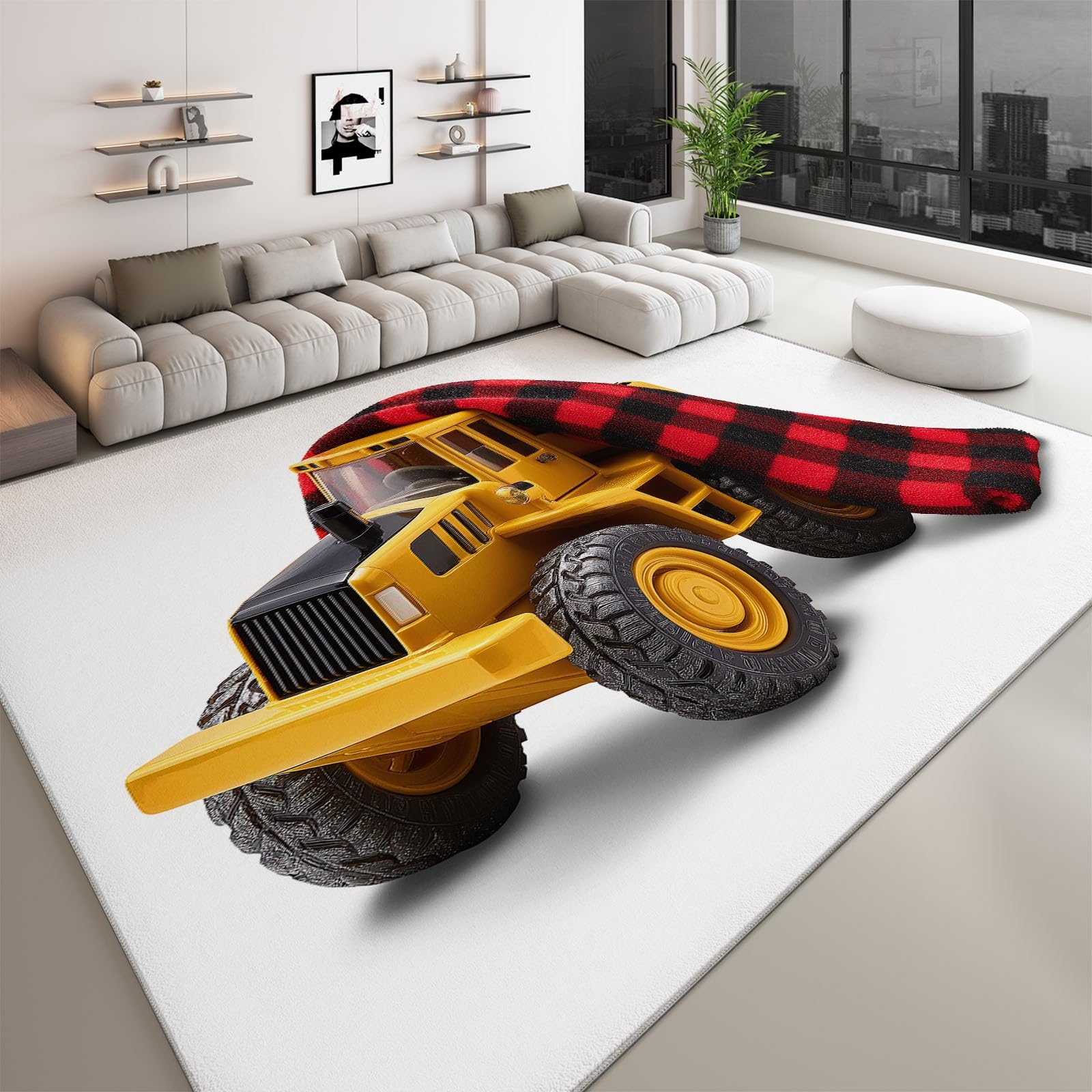 Tappeto lavabile 120 x 170 cm per cameretta, corridore antiscivolo camion costruzione nero rosso scacchi per camera da letto - tappeti stampato stile minimal a pelo corto per sala da pranzo ufficio
