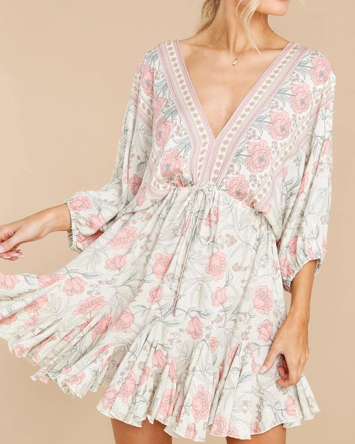Women Casual Summer Dresses Loose V Neck 3/4 Sleeve Ruffle Floral Flowy A-Line Boho Mini Short Beach Dress - Image 5