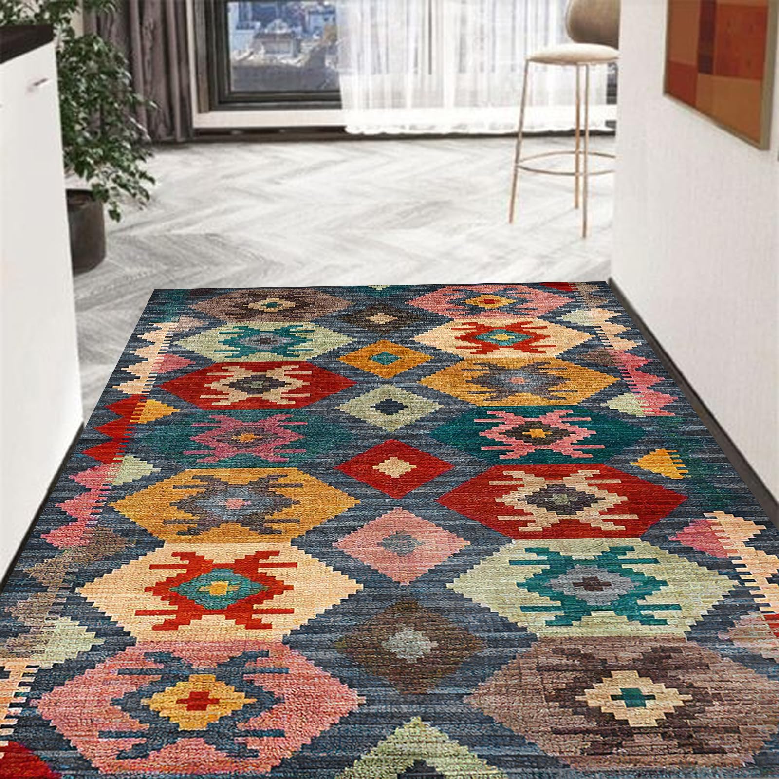 Tapis géométrique vintage multicolore rouge jaune vert : tapis de salon 120x150