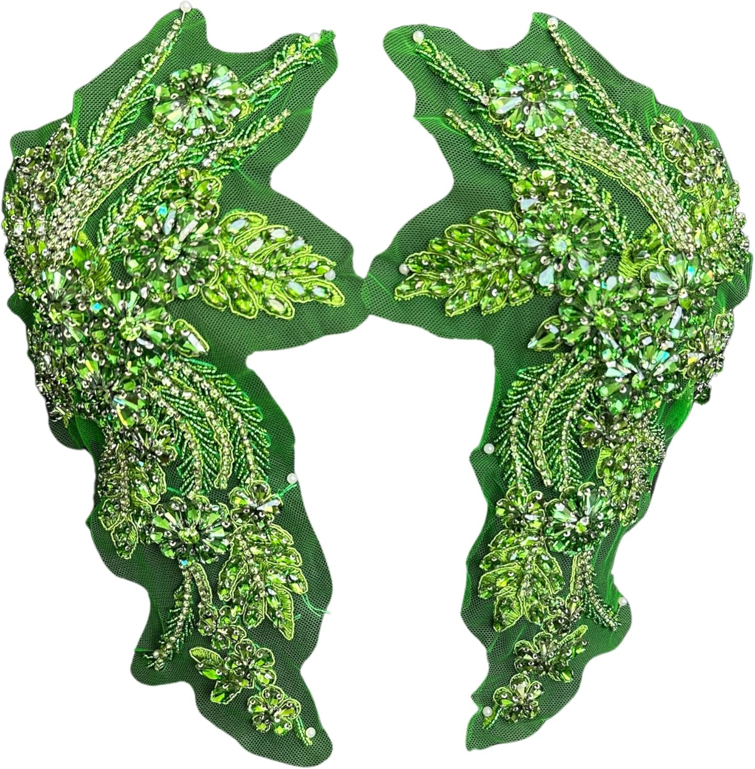 Gina Rhinestone Pair Applique - Handmade- Heavy Crystal Glass Beads for Sparkling Charm - for Wedding Dress and Accessories (Lime Green)