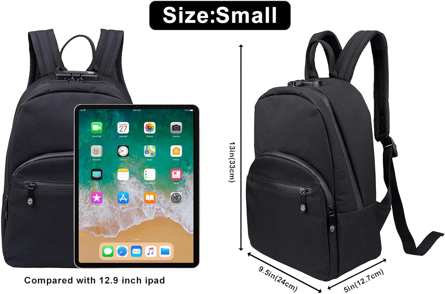 FIREDOG Mini Smell Proof Backpack with Lock for Men Women, Smell Proof Bookbag for Travel (Black) - Image 2