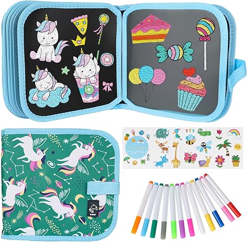 Qrytoi Juego de garabatos de libro borrable para niños, libro de dibujo mágico para niños, libro de dibujo reutilizable, 12 bolígrafos de acuarela,
