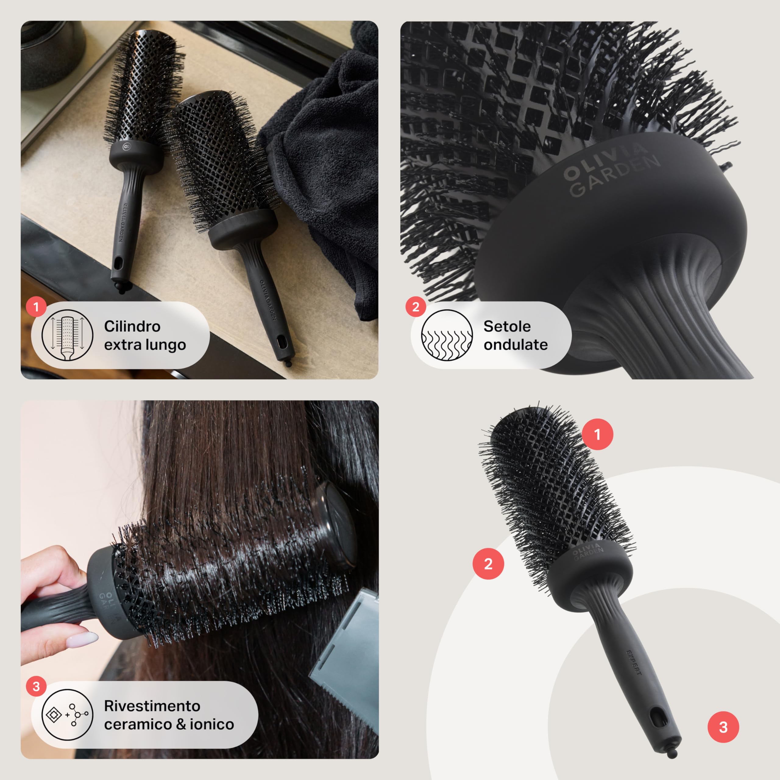 Olivia Garden Expert Blowout Speed Black Label – Nero opaco - 55 - Spazzola rotonda in ceramica con corpo extra lungo per messe in piega 25% più veloci
