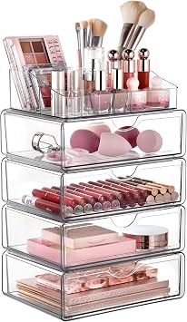 Vtopmart 5 Tier Clear Makeup Organizer with Drawer, Cosmetic Storage for Dresser Countertop and Bathroom Vanity, Beauty Holder for Lipstick Brush Skincare | Smart Storage Layout, Clear for Better Visibility, Stackable, Large Capacity, for Makeup Lipstick Brush Skincare