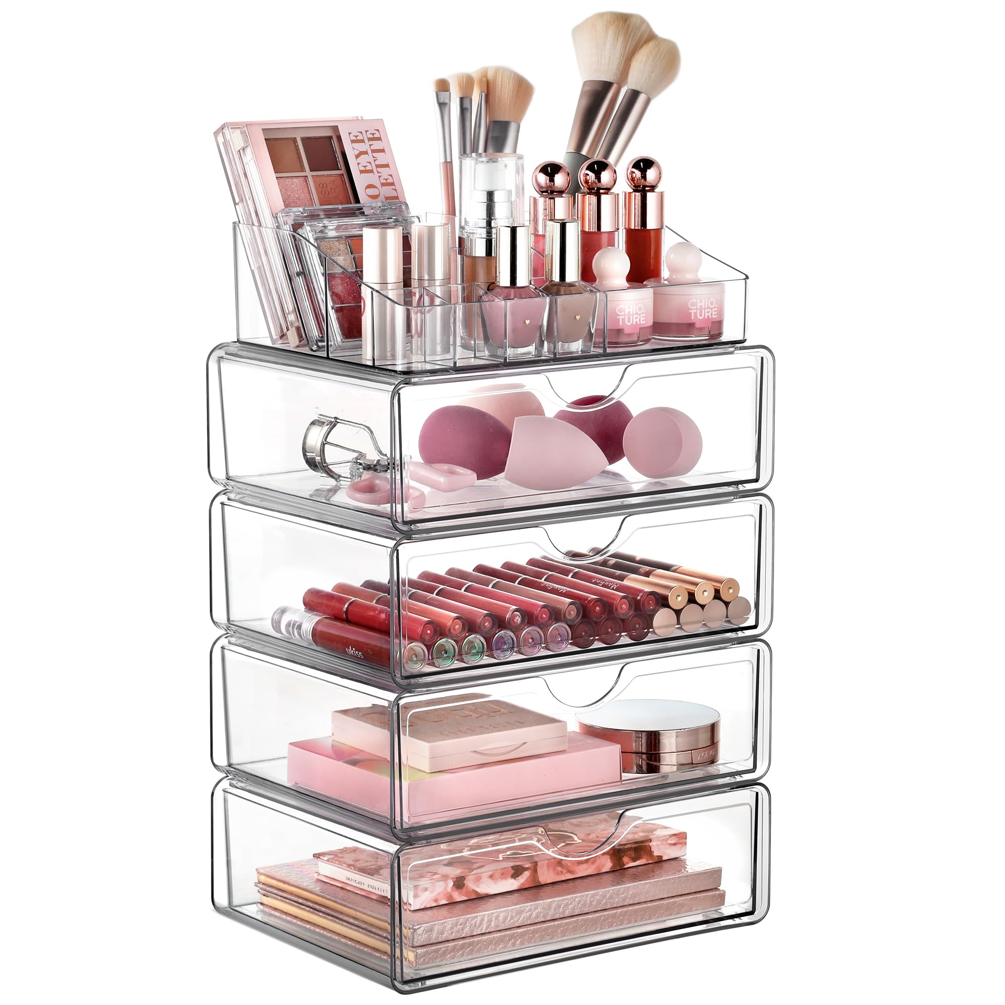 Vtopmart 5 Tier Clear Makeup Organizer with Drawer, Cosmetic Storage for Dresser Countertop and Vanity Organizer, Beauty Holder for Lipstick Brush Skincare
