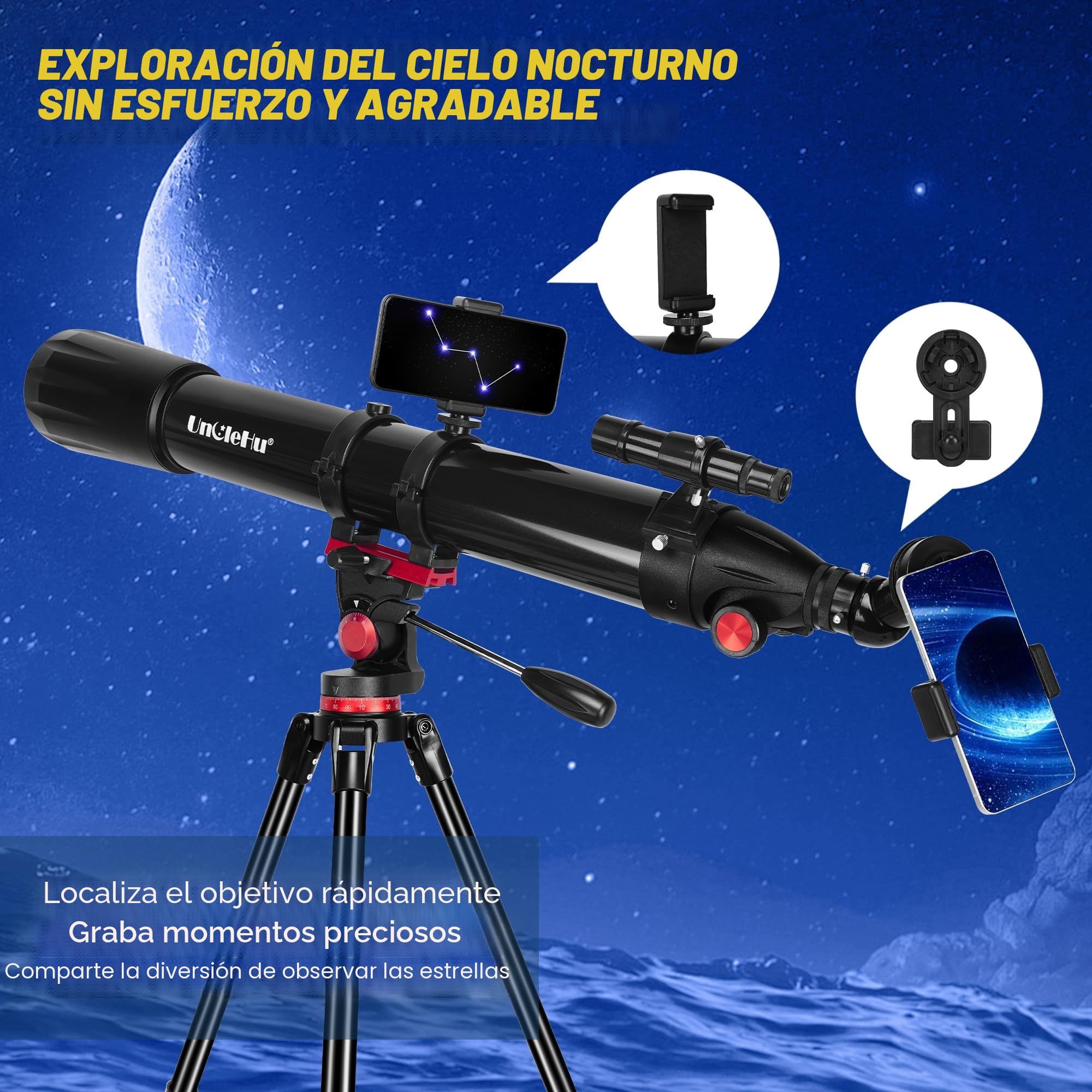 UncleHu Telescopio para Astronomía Adultos Principiantes, 36X-450X, 90mm Apertura 900mm Refractor Profesional Portátil Telescopios Astronómicos con Trípode&Adaptador para Teléfono&Bolsa de Transporte