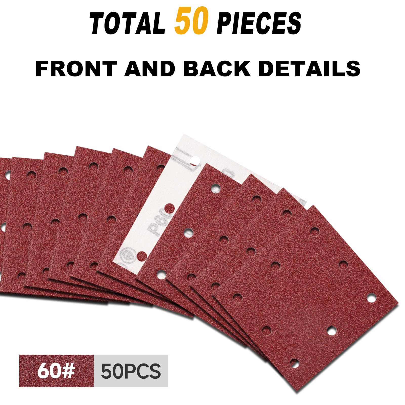 Sruhrak 50 Pezzi Carta Abrasiva Kit, 110x115mm Fogli Levigatrice 60 Grana 8 Fori Carta Vetrata Rettangolari per Levigatrice Orbitali Casuali