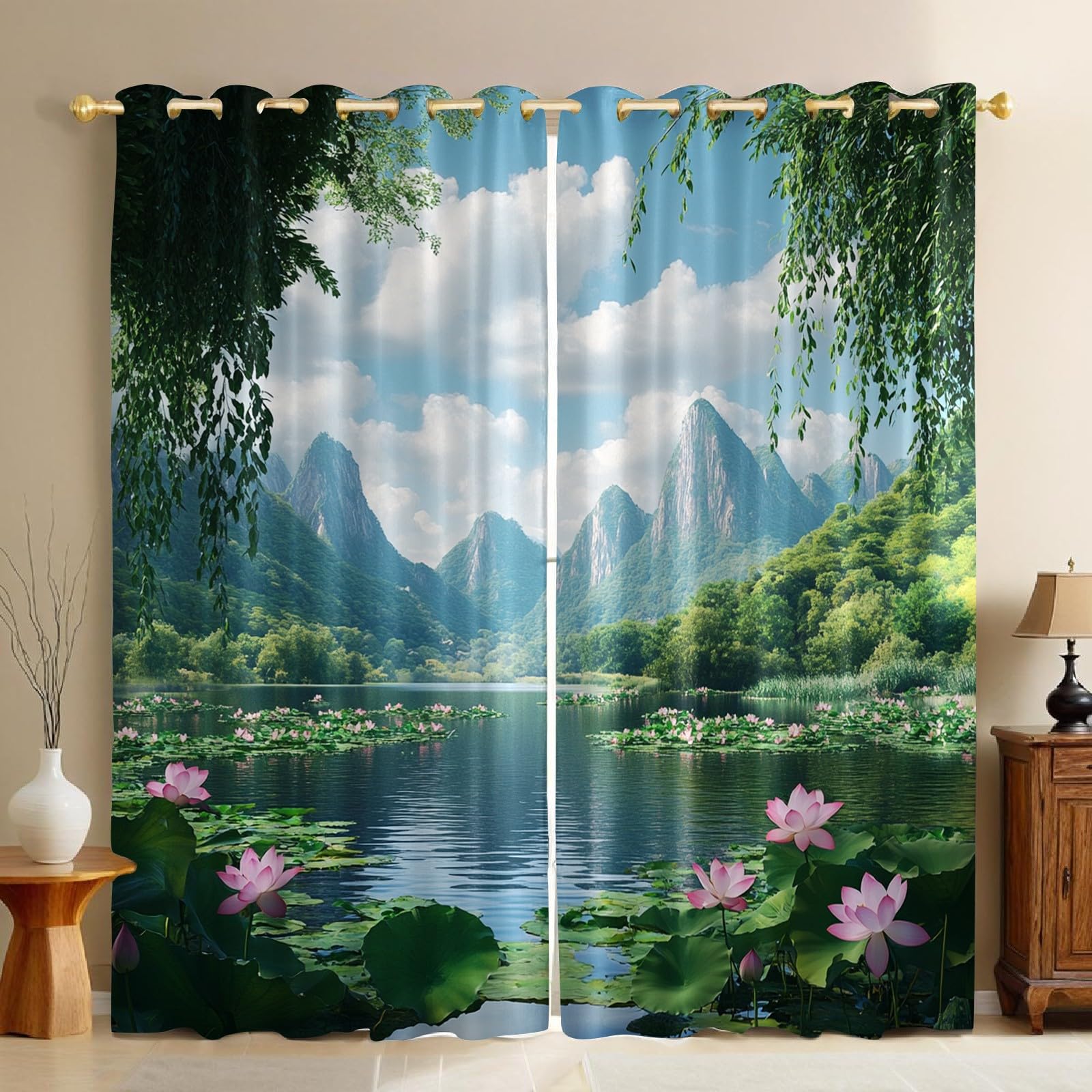 Rideaux thermiques anti froid et bruit occultants vert lotus 140x245 cm pour chambre