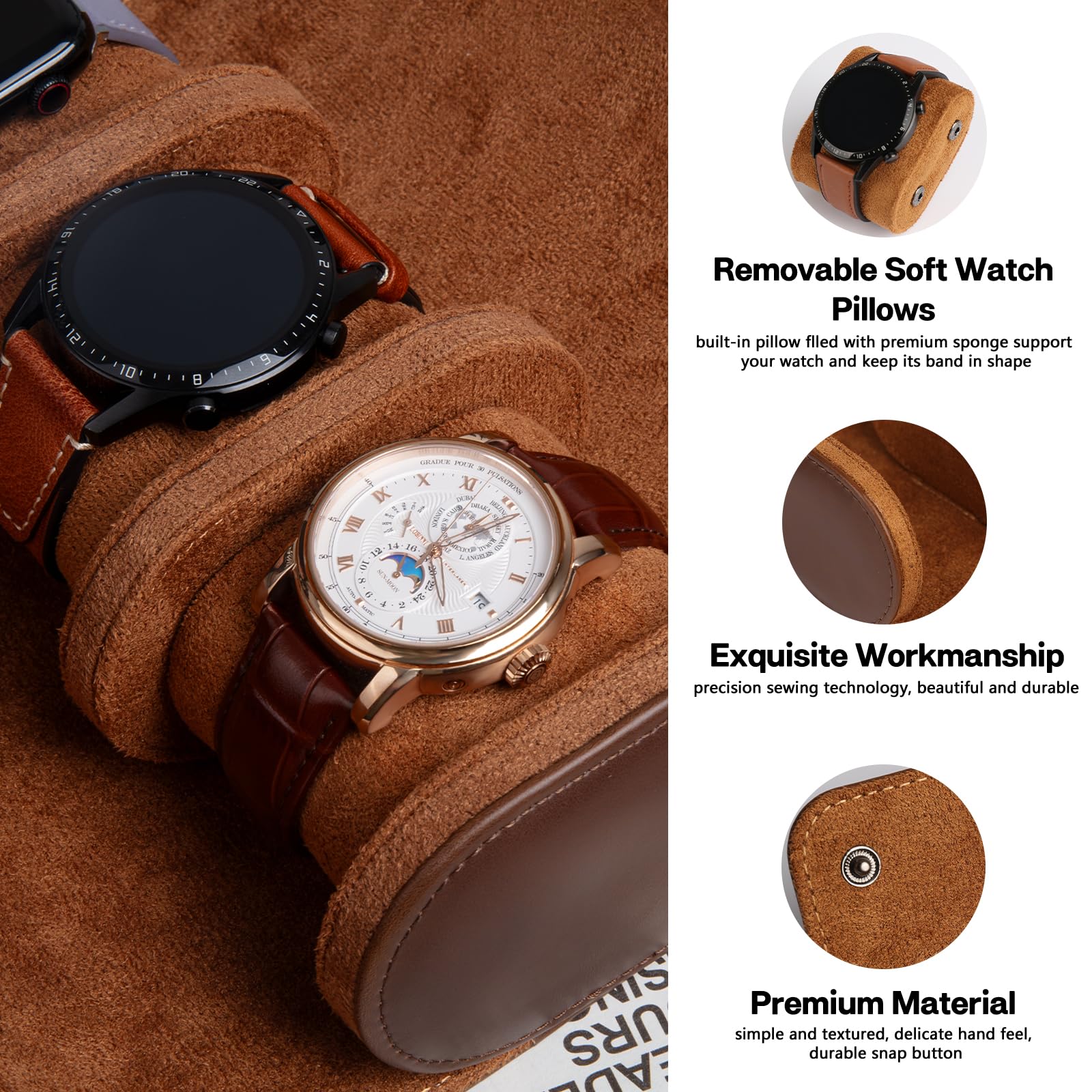 Caja de Reloj cilíndrica con 3 Ranuras, Estuche de viaje para reloj, Caja de Reloj Vintage para Hombres y Mujeres - Versión mejorada Marrón