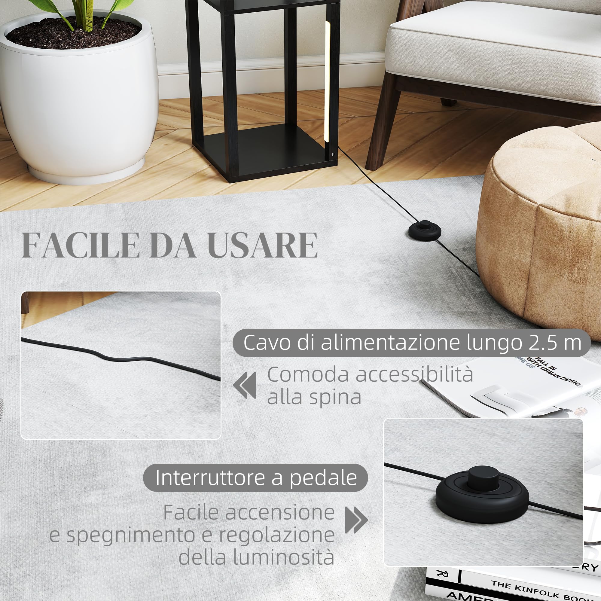 HOMCOM Lampada da Terra con 4 Ripiani Luce Dimmerabile 29x29x163 cm Nero | 3 Luminosità Regolabili, Interruttore a Pedale, Piantana Lampada da Terra, per Soggiorno, Salotto e Camera