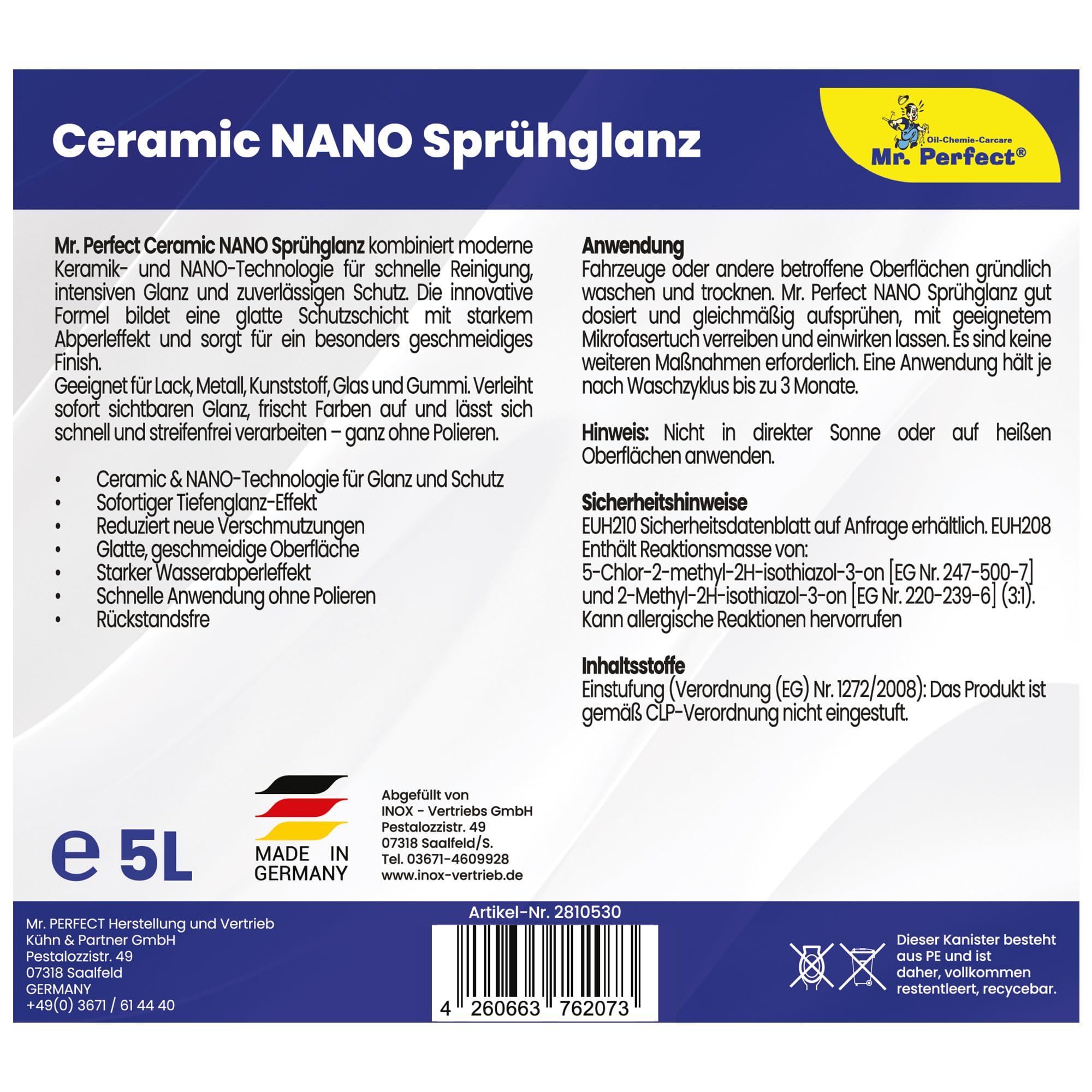 Mr. Perfect Ceramic NANO Sprühglanz 4 x 5 Liter | Keramikversiegelung fürs Auto mit starkem Abperleffekt | Sprühwachs, Lackversiegelung & Glanz für Lack, Kunststoff und Glas | Made in Germany