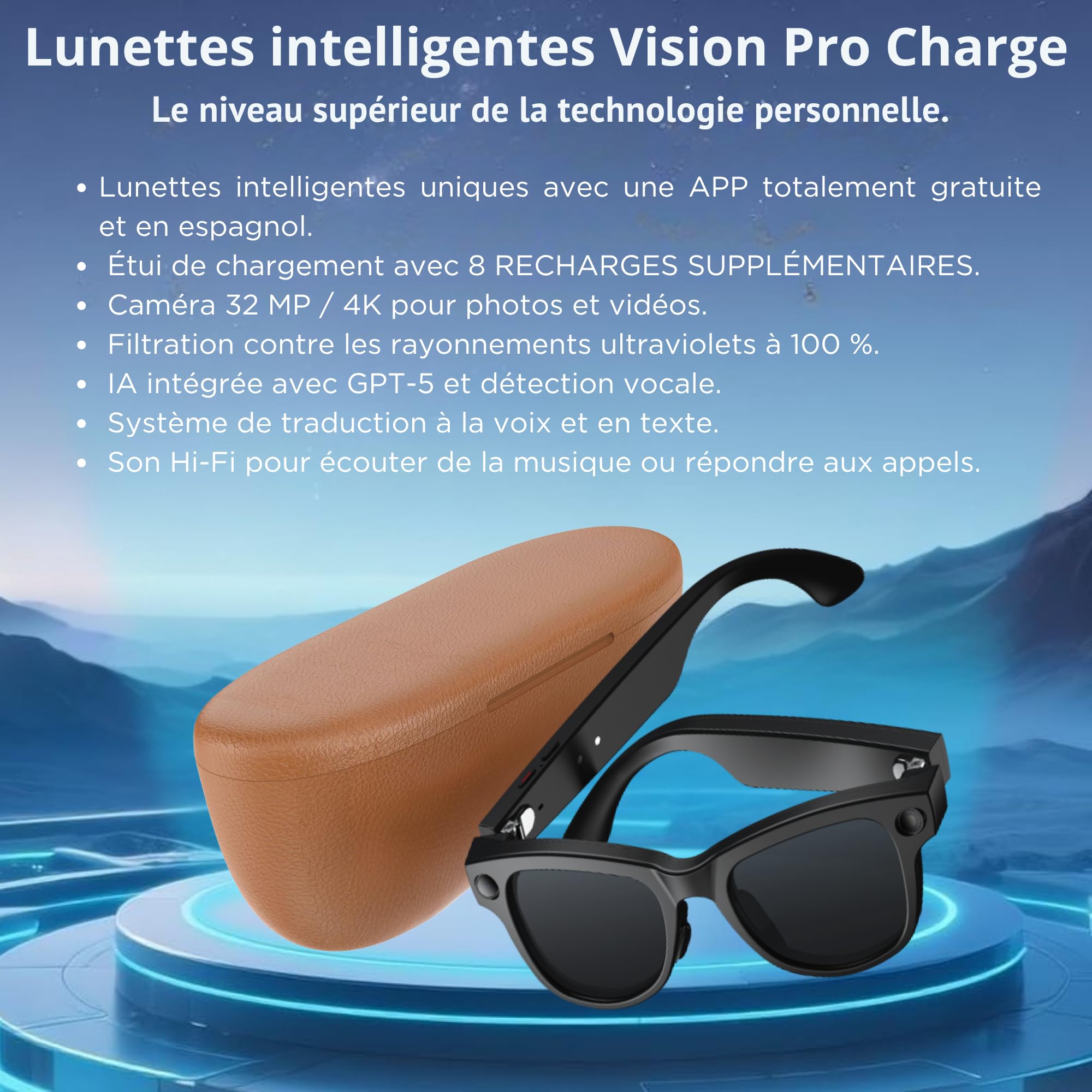 smartia – Lunettes intelligentes avec caméra, Étui de Charge Portable, Lunettes de Soleil Bluetooth, Kit Mains Libres avec IA intégrée par vocale, Smart Glasses et Traducteur en 20 Langues, 33 MP 4K