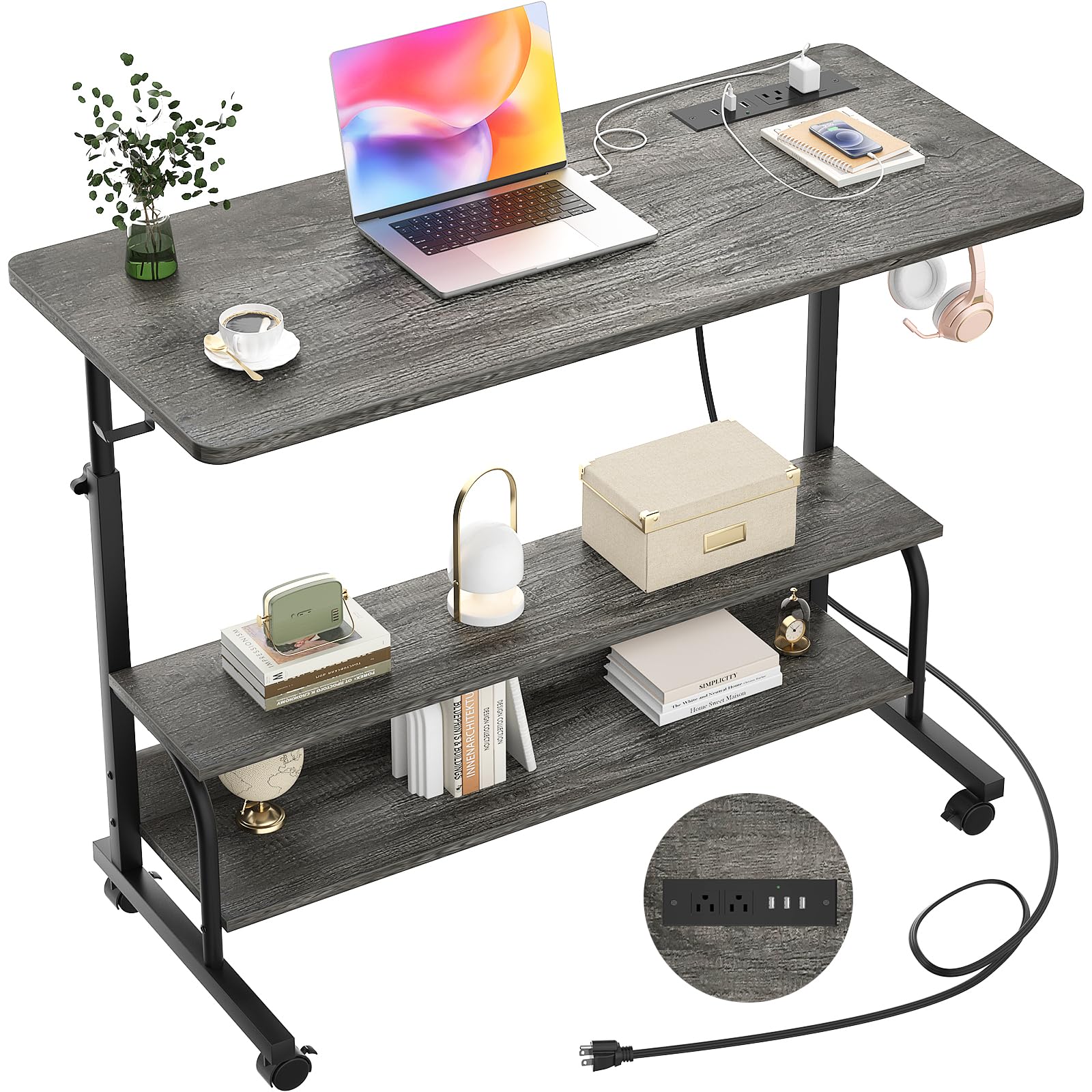 iSunirm Rolling Desk Adjustable Height Standing Desk with Power Outlets & USB Ports, Portable Desk on Wheels, Small Table for Home Office, C-Shaped Mobile Table for Work, Study & Bedside Use Grey Oak