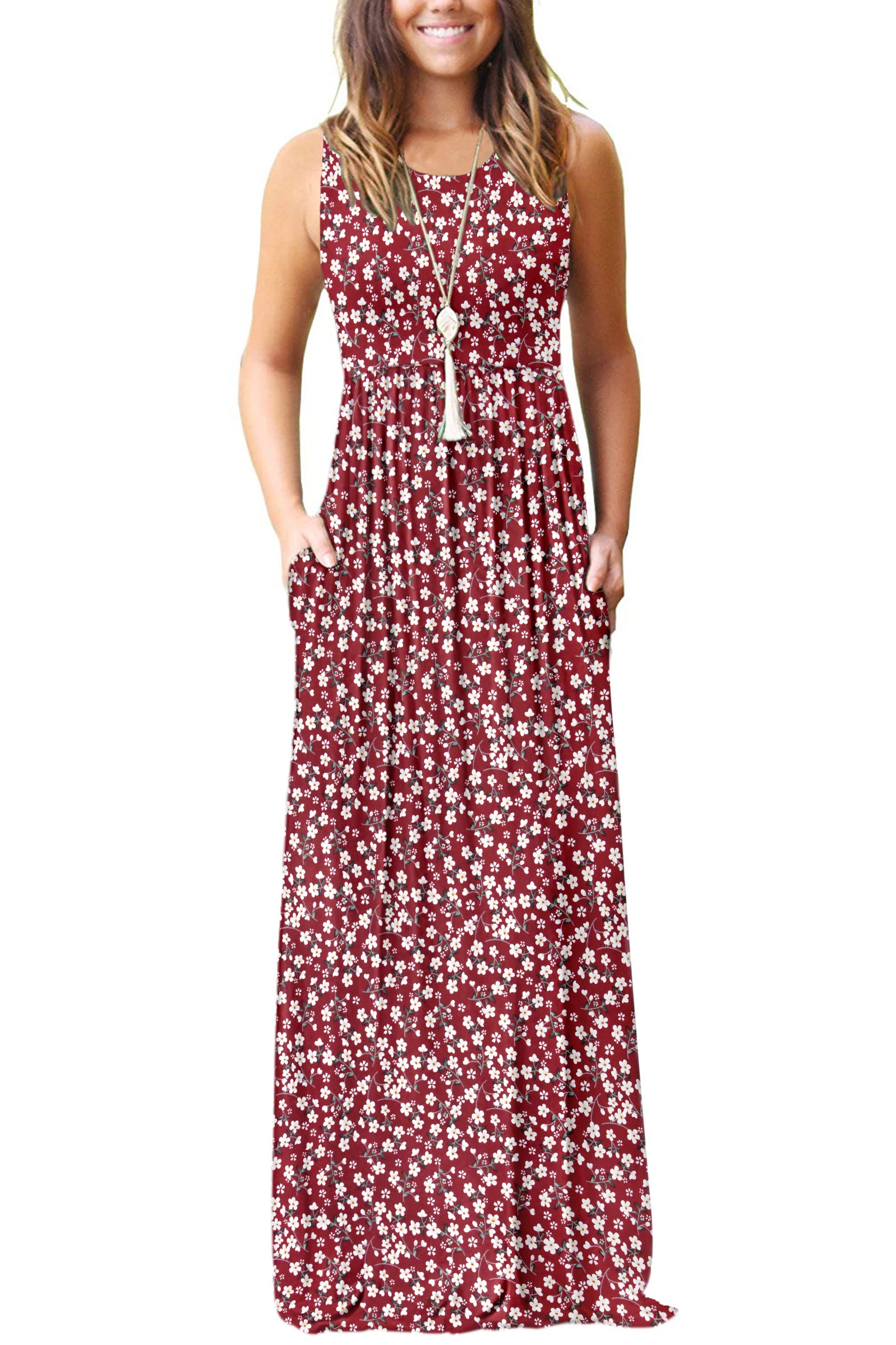 AUSELILY Women's Summer Sleeveless Loose Plain Casual Long Maxi Dresses | Year Round wear solid floral print, Casual daily wear, Empire waist, Floor length, Side pockets New
