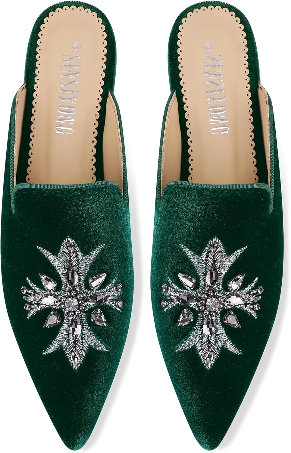 SINSIYONG Embroidered Mules for Women Pointed Toe Bejeweled Backless Velvet Flats Slides with Cruciate Flower Pattern