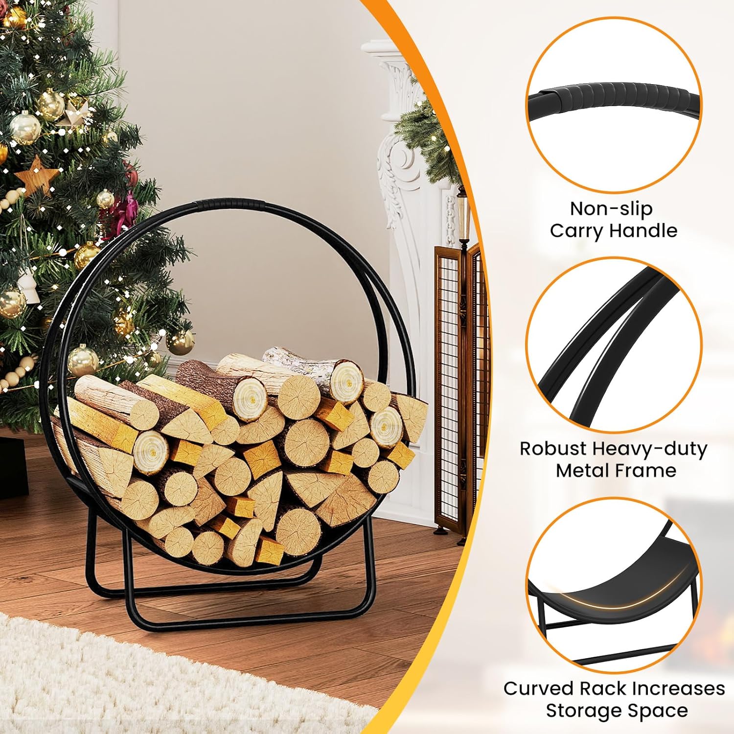 Goplus Firewood Log Hoop, 20" Round Heavy-duty Metal Curved Log Rack with Stand for Indoor & Outdoor, Tubular Wood Storage Holder for Fireplace, Pit, Stove, Campfire, No Assembly