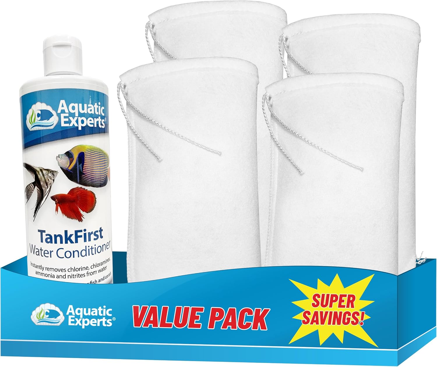Aquatic Experts TankFirst Aquarium Water Conditioner 500 mL and 4-Pack, 4"x14" 200 Micron Drawstring Filter Socks, Made in USA (Value Pack)