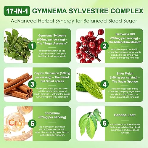 Miniatura 2 de Gymnema Sylvestre Suplemento 24,000 mg  Complejo herbario 17 en 1 con berberina HCI canela, melón amargo y cromo -75% ácidos gimnémicos - Apoya el