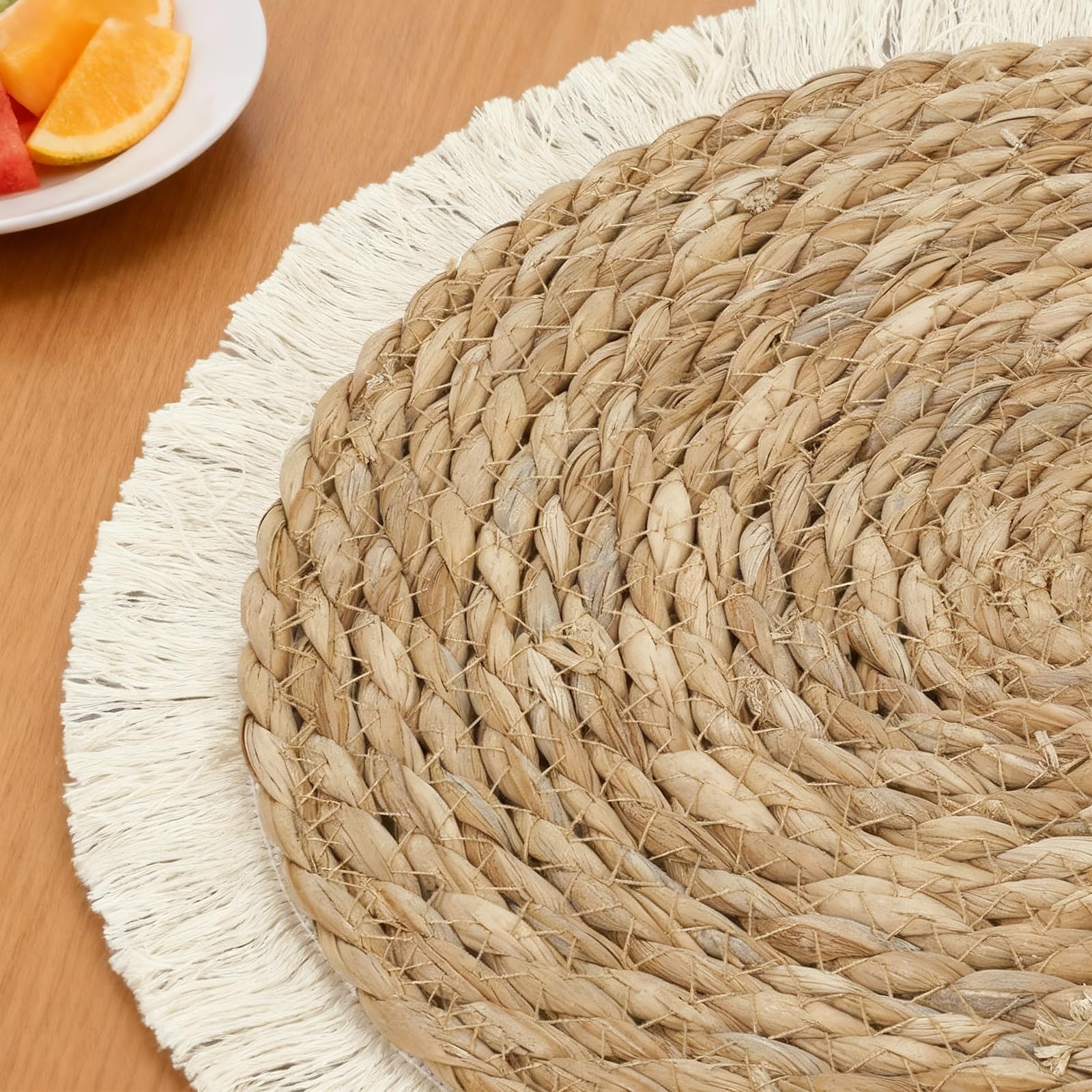 Set Tavoli Rotondi 6 Pezzi, Copripiatto Intrecciato con Design a Frange, Resistente al Calore per Decorazione Boho di Tavolo Cucina, Lavabile, Antiscivolo, Beige