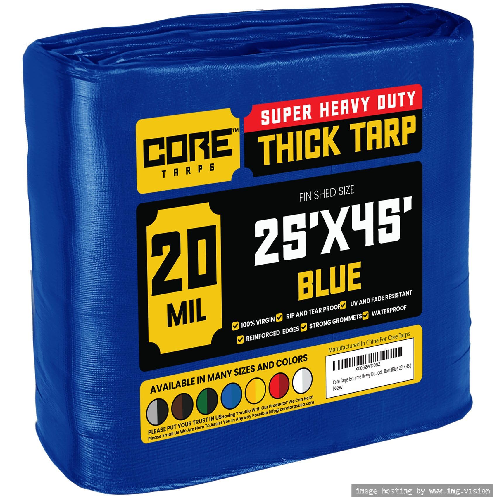 Core Tarps Extreme Heavy Duty 20 Mil Tarp Cover, Waterproof, UV Resistant, Rip and Tear Proof, Poly Tarpaulin with Reinforced Edges for Roof, Patio, Pool, Boat (Blue 25′ X 45′)