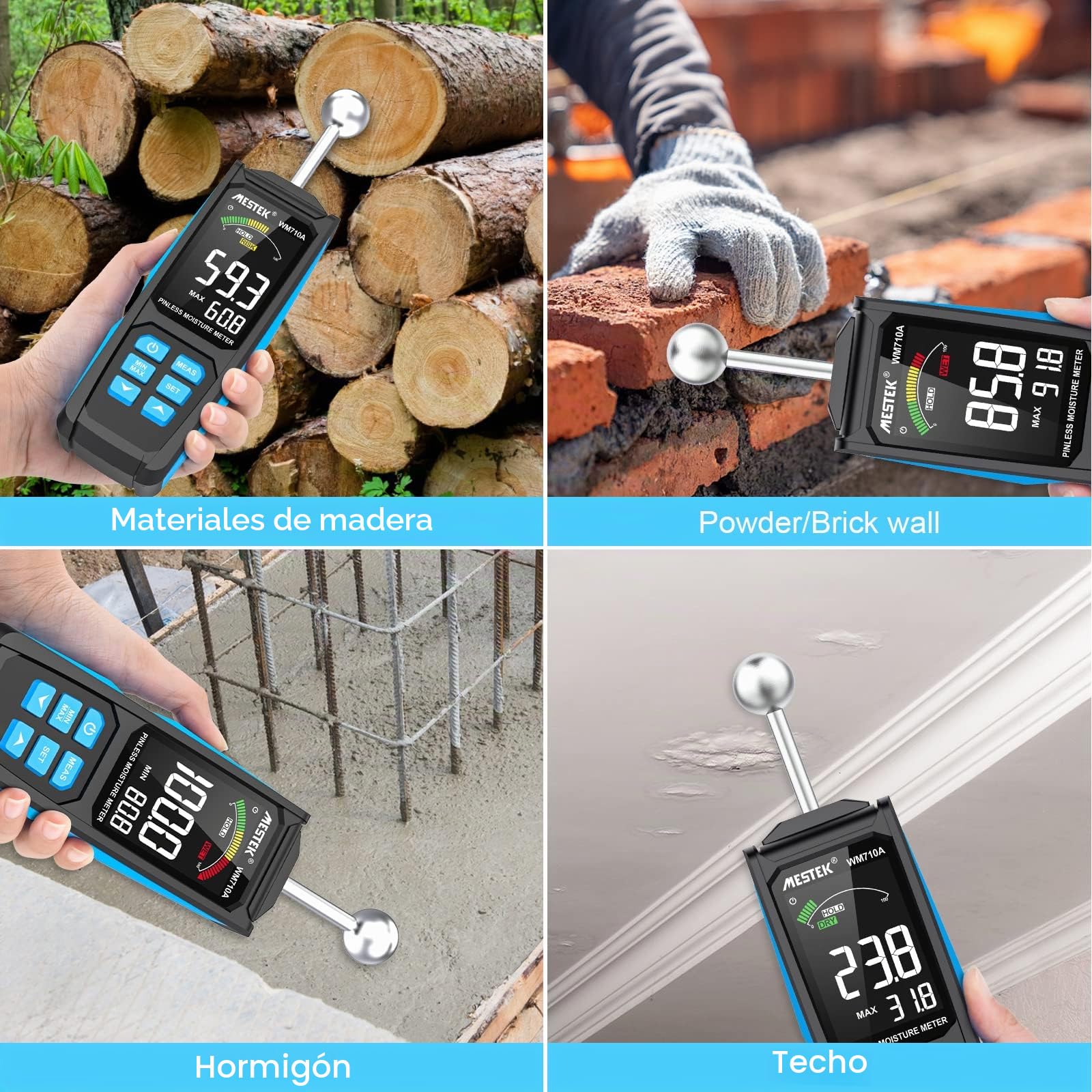 Medidor de Humedad MESTEK Humidímetros 20-40mm Detector de Humedad sin Pin Portátil Humedad Medición Digital Pantalla LCD Alarma para Madera, Paredes, Hormigón, Ladrillo y Materiales de Construcción