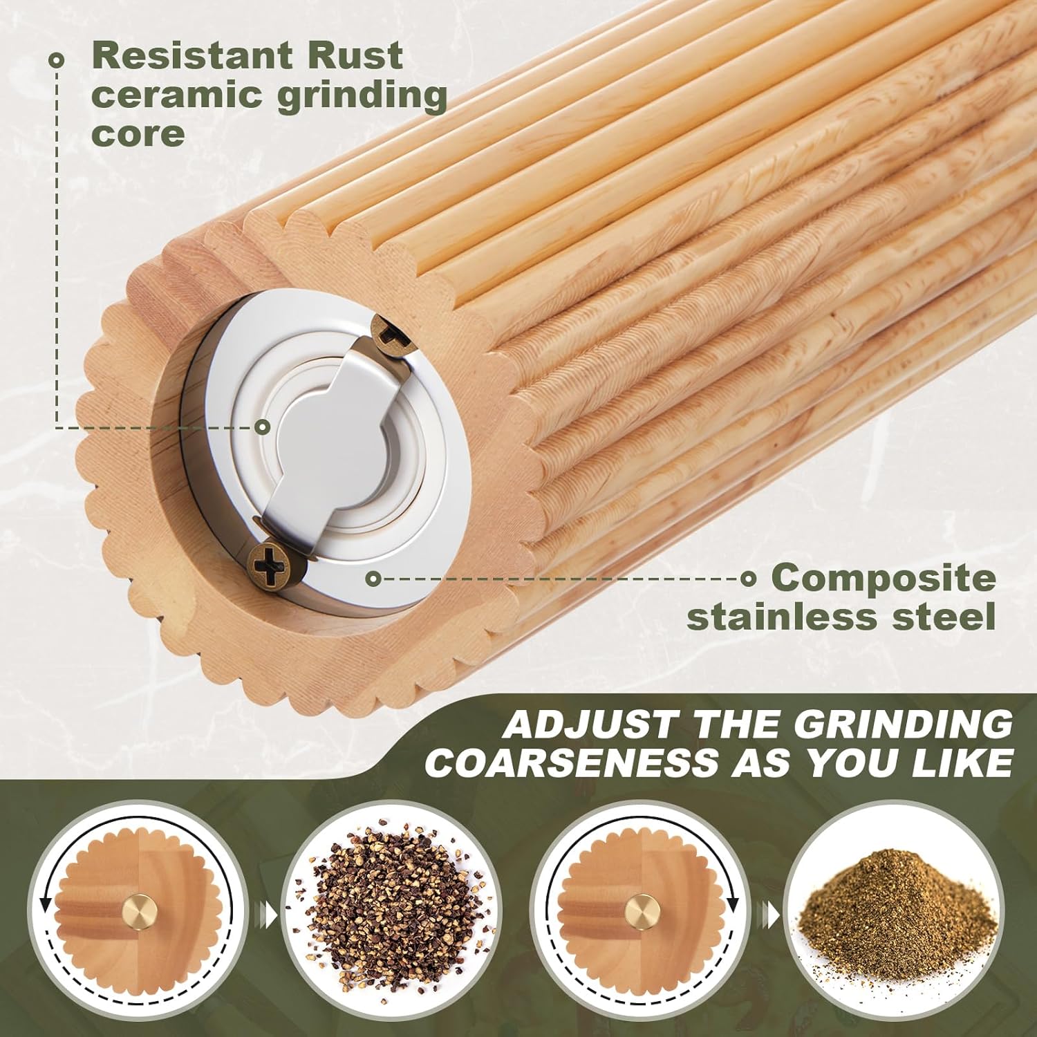 Wooden Salt and Pepper Grinder Set 8" Refillable Wooden Manual Salt and Pepper Mill Set with Adjustable Coarse Settings Rust Resistant Smooth Quality Grinding Mechanism(Fluted,Wood)